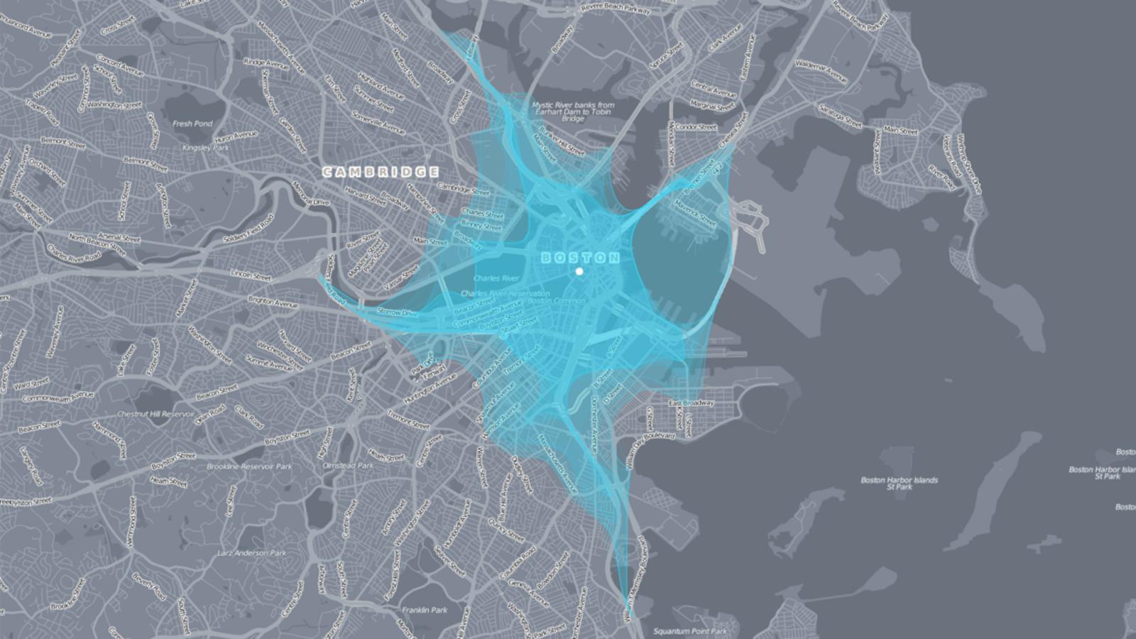  Farbig hervorgehobene interaktive Darstellung von Bewegungsräumen in Boston