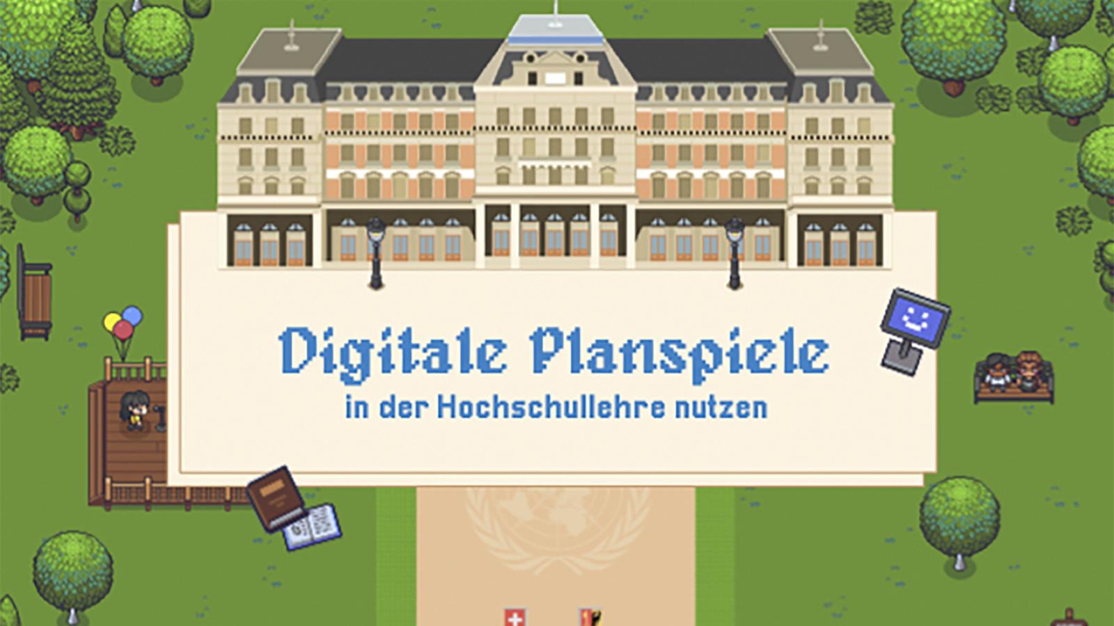 Illustrierte Landschaft mit dem Titel Digitale Planspiele in der Hochschule nutzen