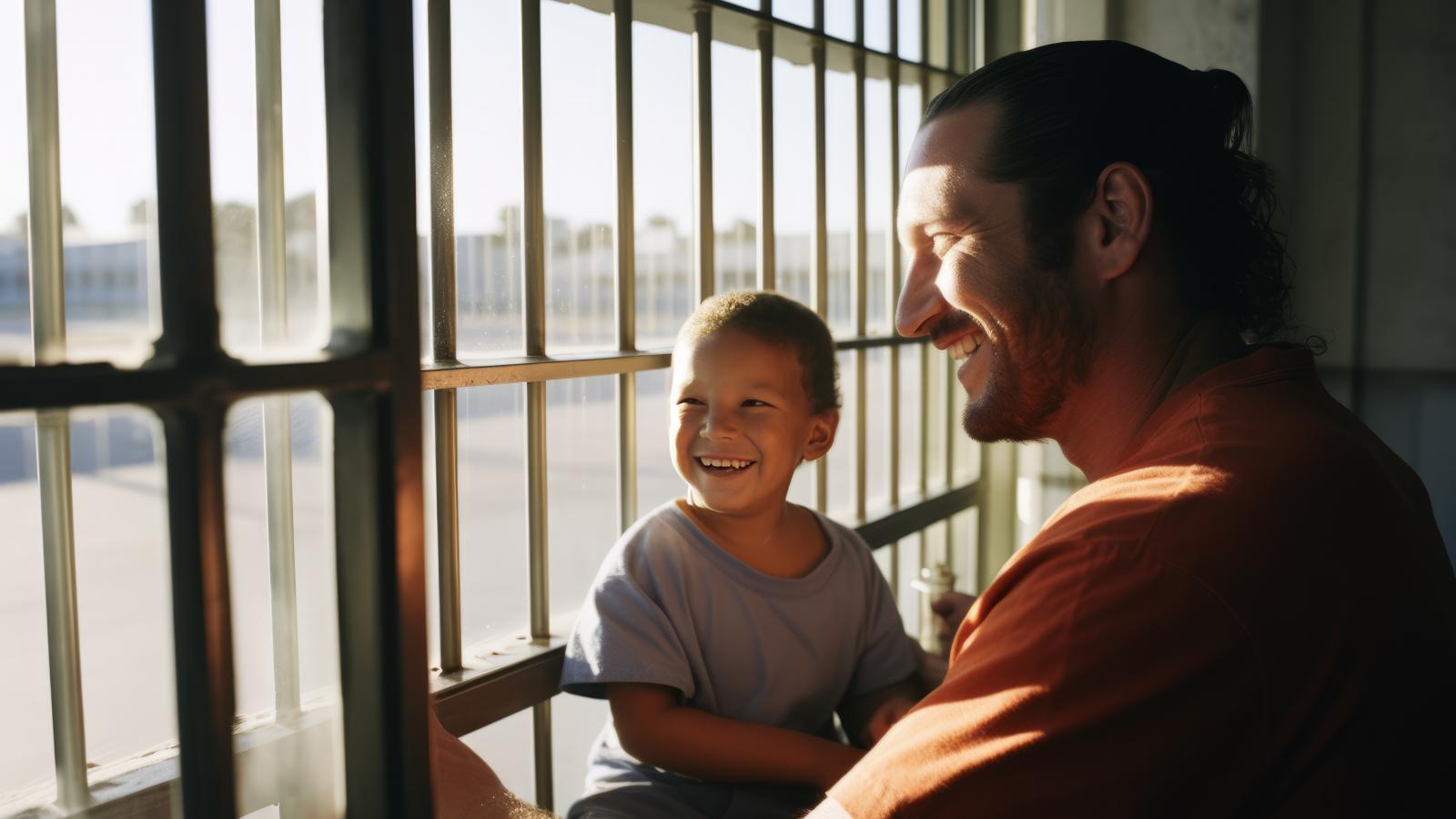 ein Vater im Gefängnis mit seinem Kind an einem Fenster