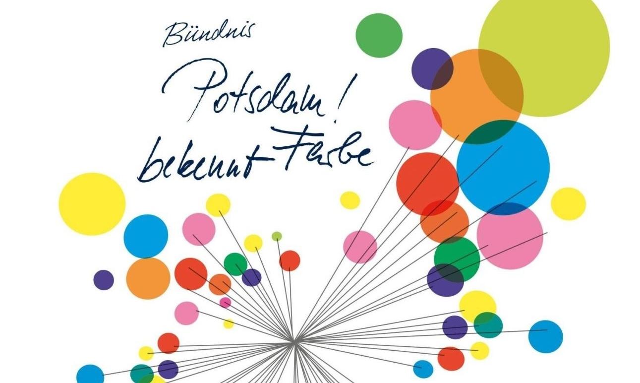 Illustration vieler Luftballons mit Schriftzug: Bündnis Potsdam! bekennt Farbe