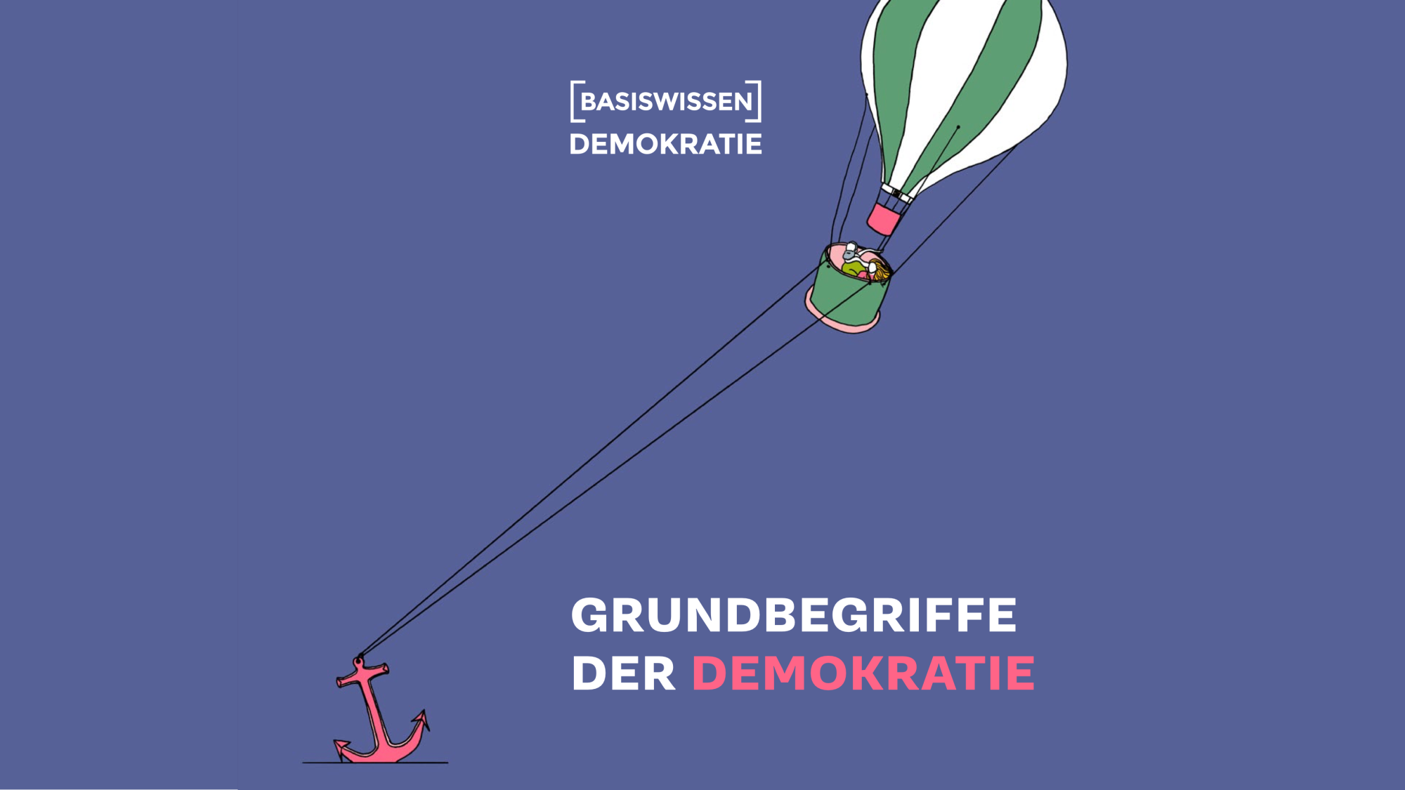 Auf violettem Grund eine Illustration mit Luftballon und Anker - Schriftzug: Grundbegriffe der Demokratie