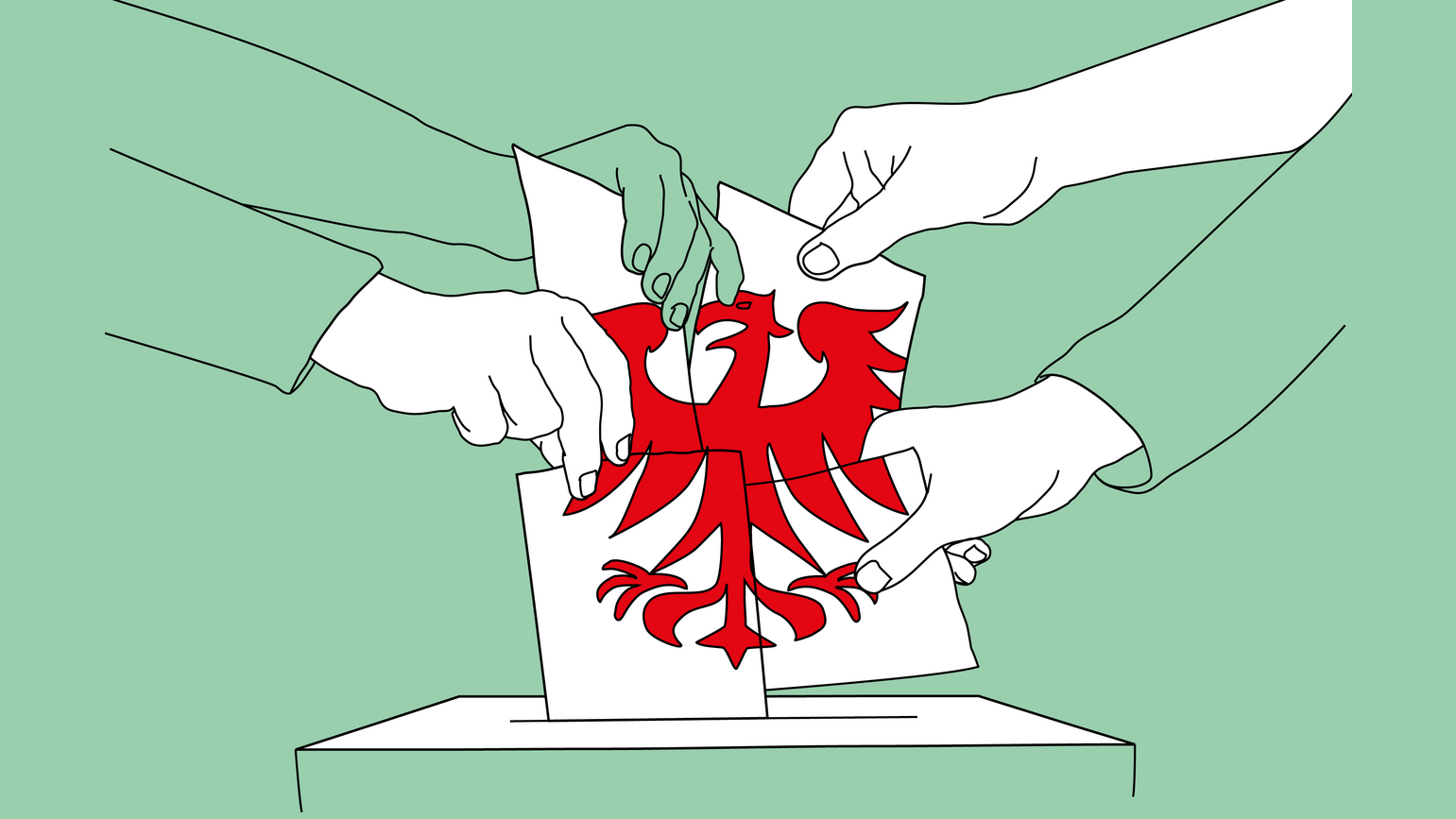Auf grünem Grund werfen verschiedene Hände Wahlzettel in eine Wahlurne. Die Zettel ergeben zusammen Brandenburgs roten Adler