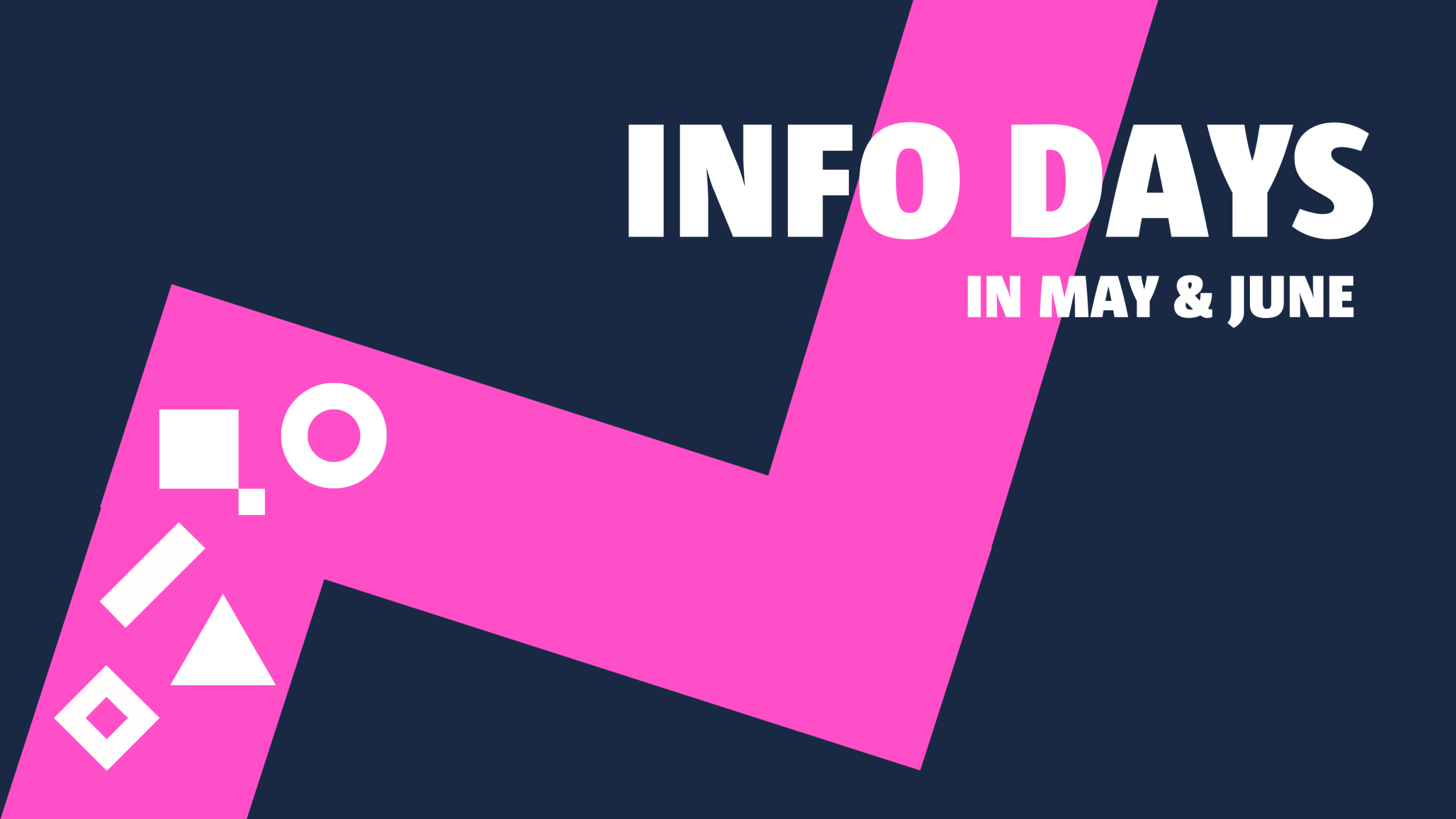 Key visual info days with department symbols and text "Info days in May and June" in front of abstract path