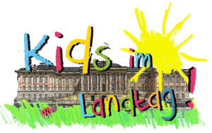Bild des Landtags Brandenburgs, darüber in bunter Schrift der Satz "Kids im Landtag" und eine gemalte Sonne