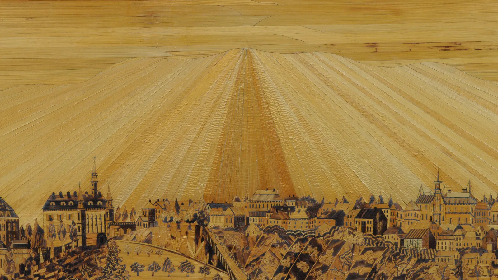 Panorama der Stadt Schillingsfürst in der Technik der Strohmarketerie
