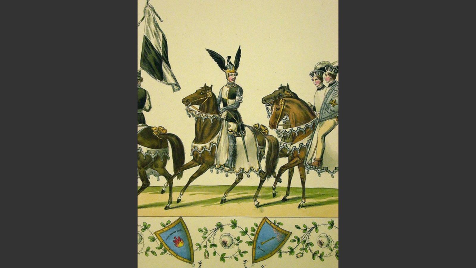 Helm und Schild stammen von Prinz Friedrich Wilhelm Ludwig von Preußen, dem Anführer der siebenten Quadrille. Auf dem Fest repräsentierte er das Haus „Hohenzollern“. Vor ihm wurde das Hohenzollernsche Pannier getragen, hinter ihm folgten zwei Pagen, von denen einer den Schild trug. Nach den Pagen ritten vier Ritter, zuletzt kamen vier Knappen.