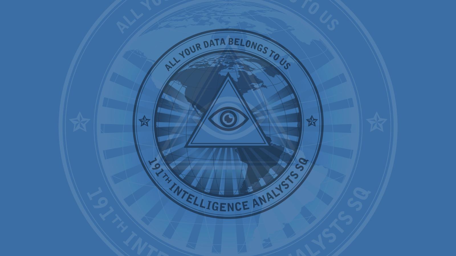 Surveillance-Logo mit dem "allsehenden Auge" und der Aufschrift "All Your Data Belongs to Us""