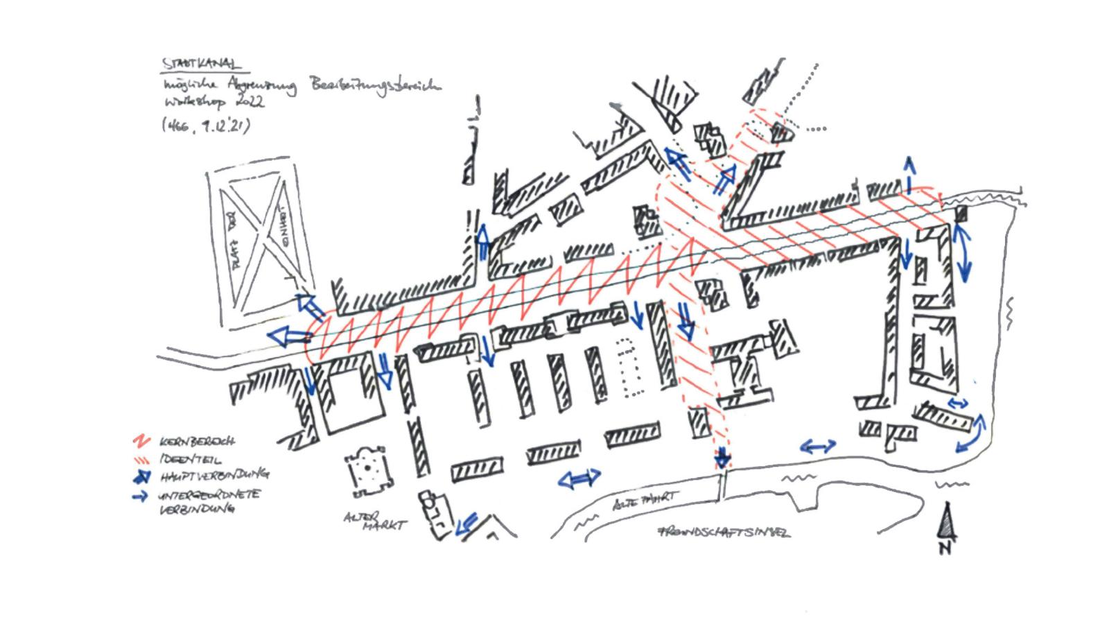 Skizze mit Notizen vom Stadtkanal Potsdam, angefertigt im Rahmen der studentischen Ideenwerkstatt 2022