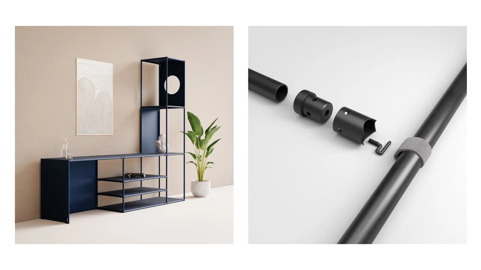 Regal und Nahaufnahme des modularen knotenbasierten Verbindungssystems "Apio" von Felix Landwehr