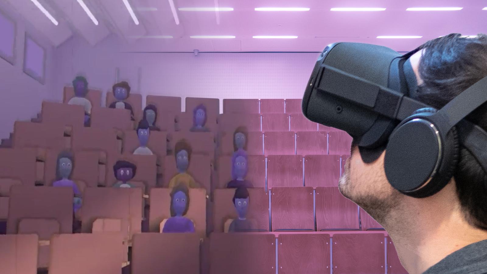Person VR-Brille in einem Vorlesungssaal