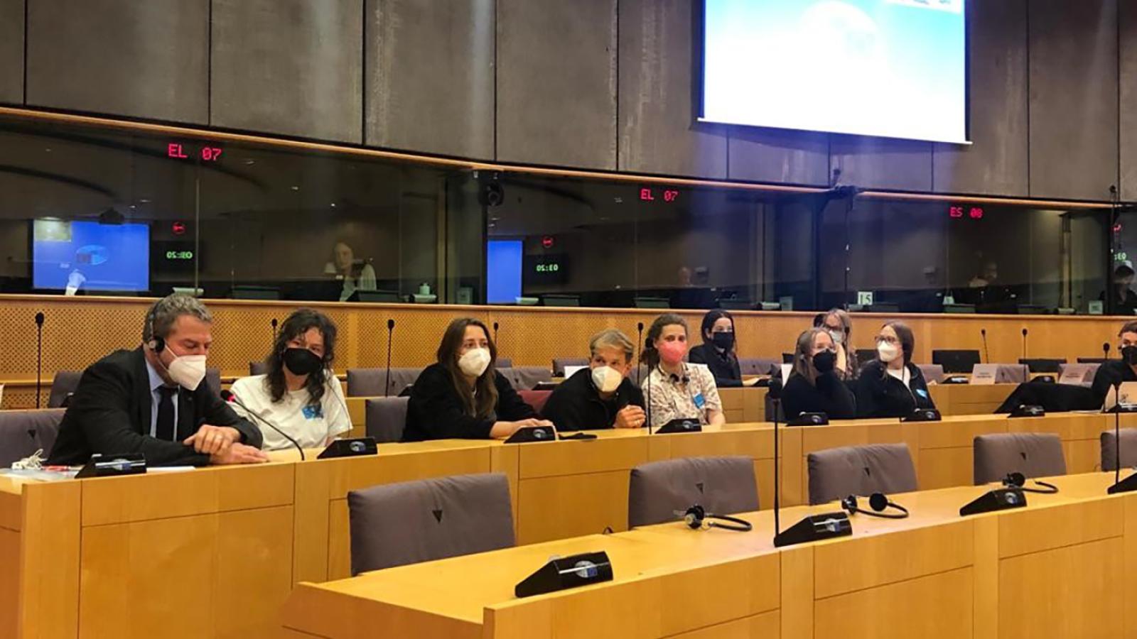 Studierende im Plenarsaal eines Ausschusses des Europäischen Parlaments