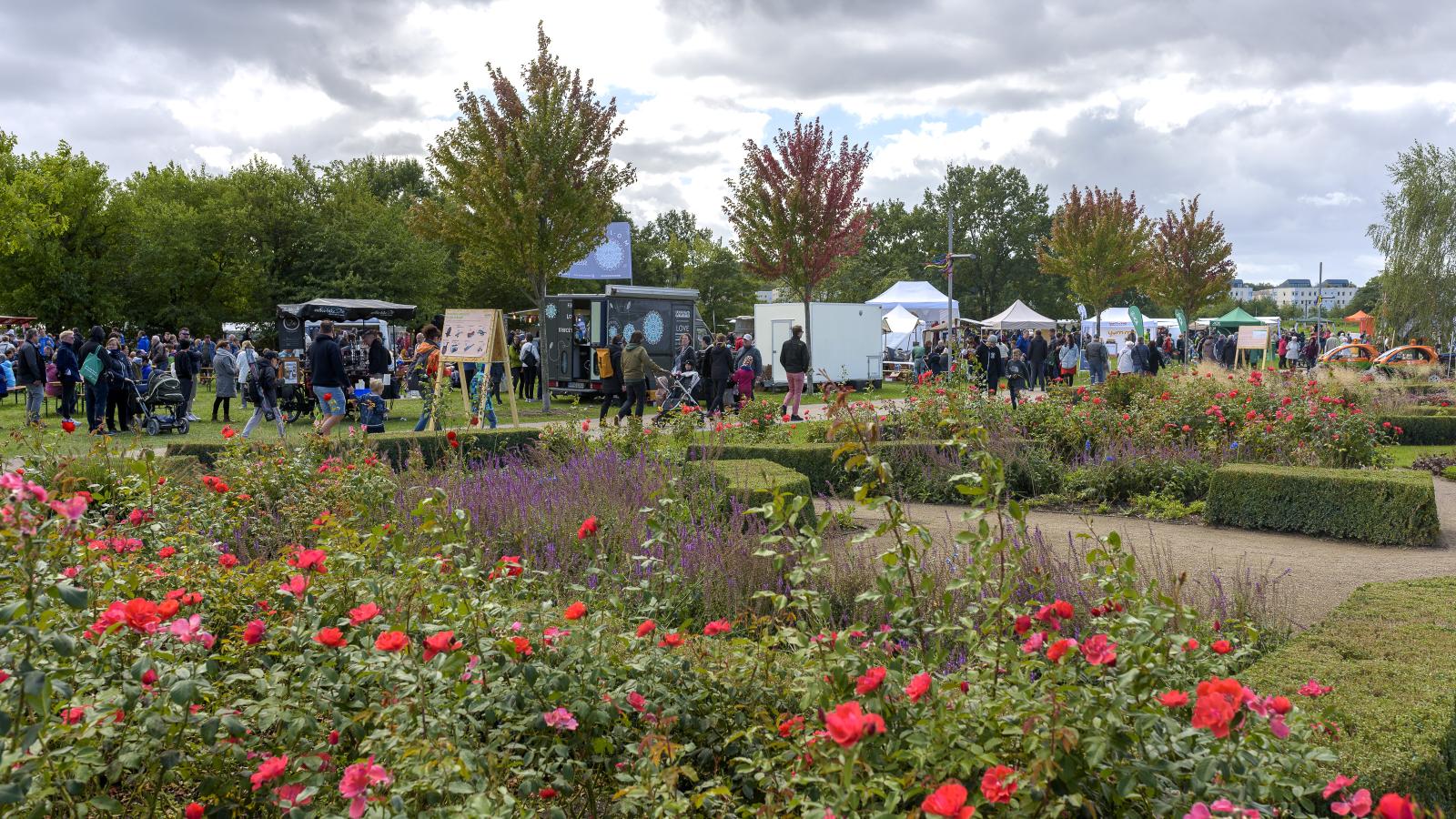 Blick über Blumen auf die Ausstellungsstände beim Umweltfest 2022 im Volkspark Potsdam