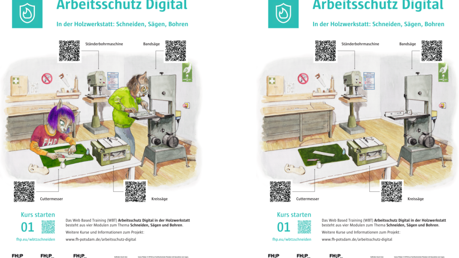 Gegenüberstellung der 2 interaktiven Plakatversionen zu den Arbeitschutzthemen Schneiden, Sägen, Bohren.