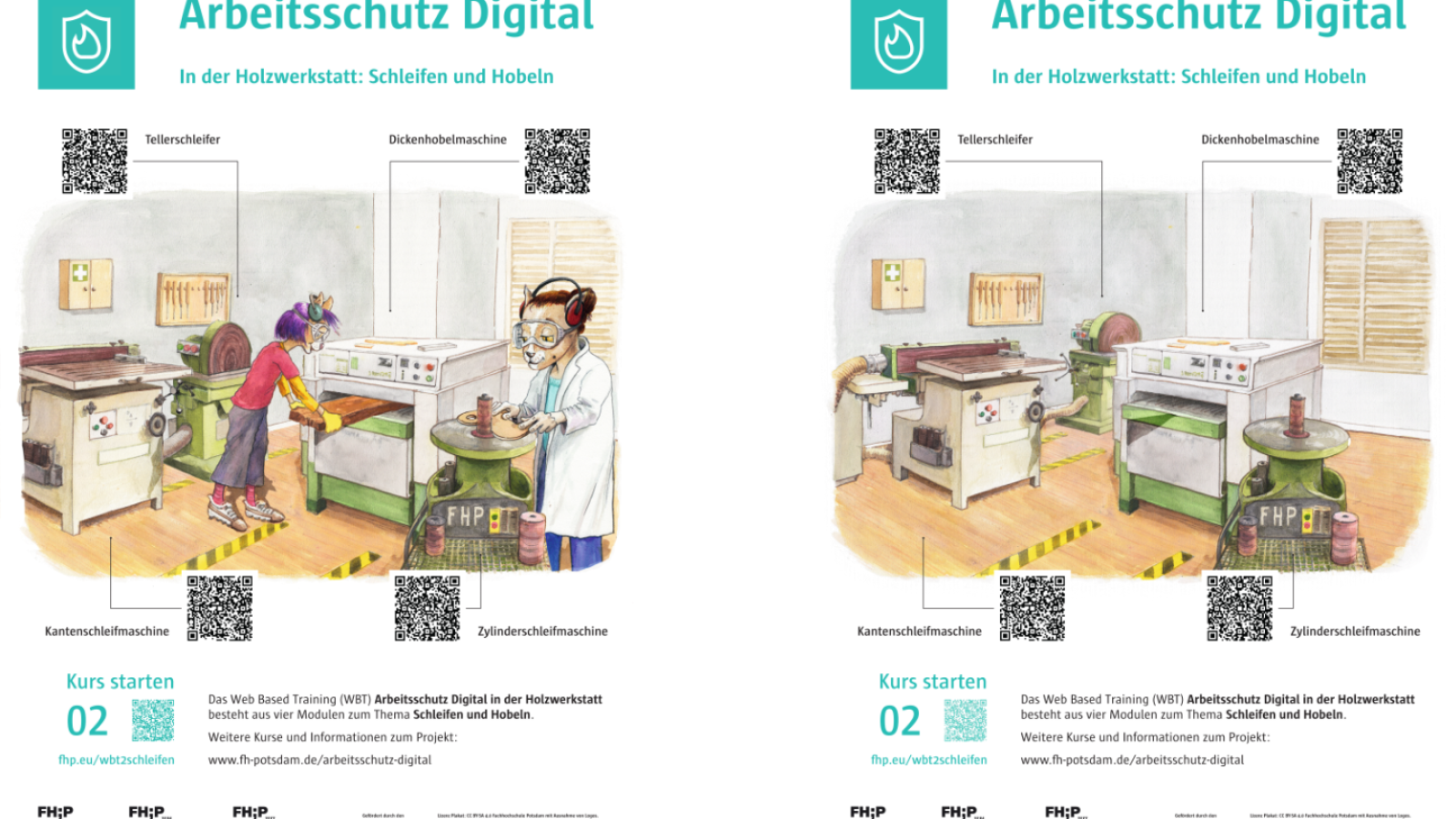 Gegenüberstellung der 2 interaktiven Plakatversionen zu den Arbeitschutzthemen Schleifen und Hobeln.