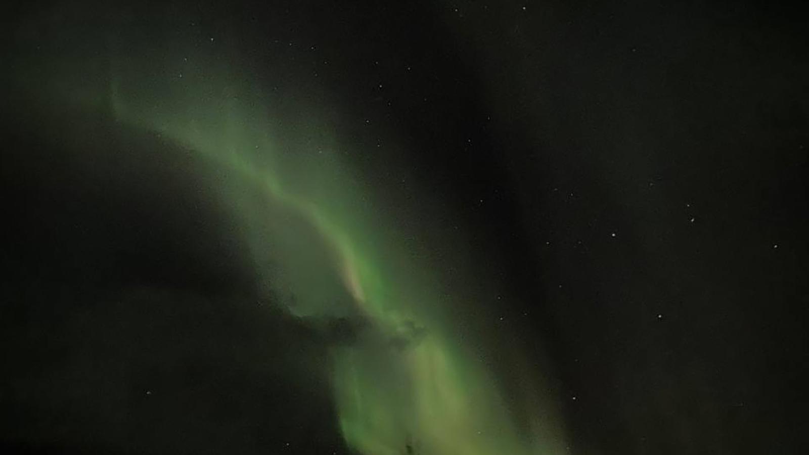 In einem dunklen Nachthimmel sind grüne Nordlichter zu erkennen