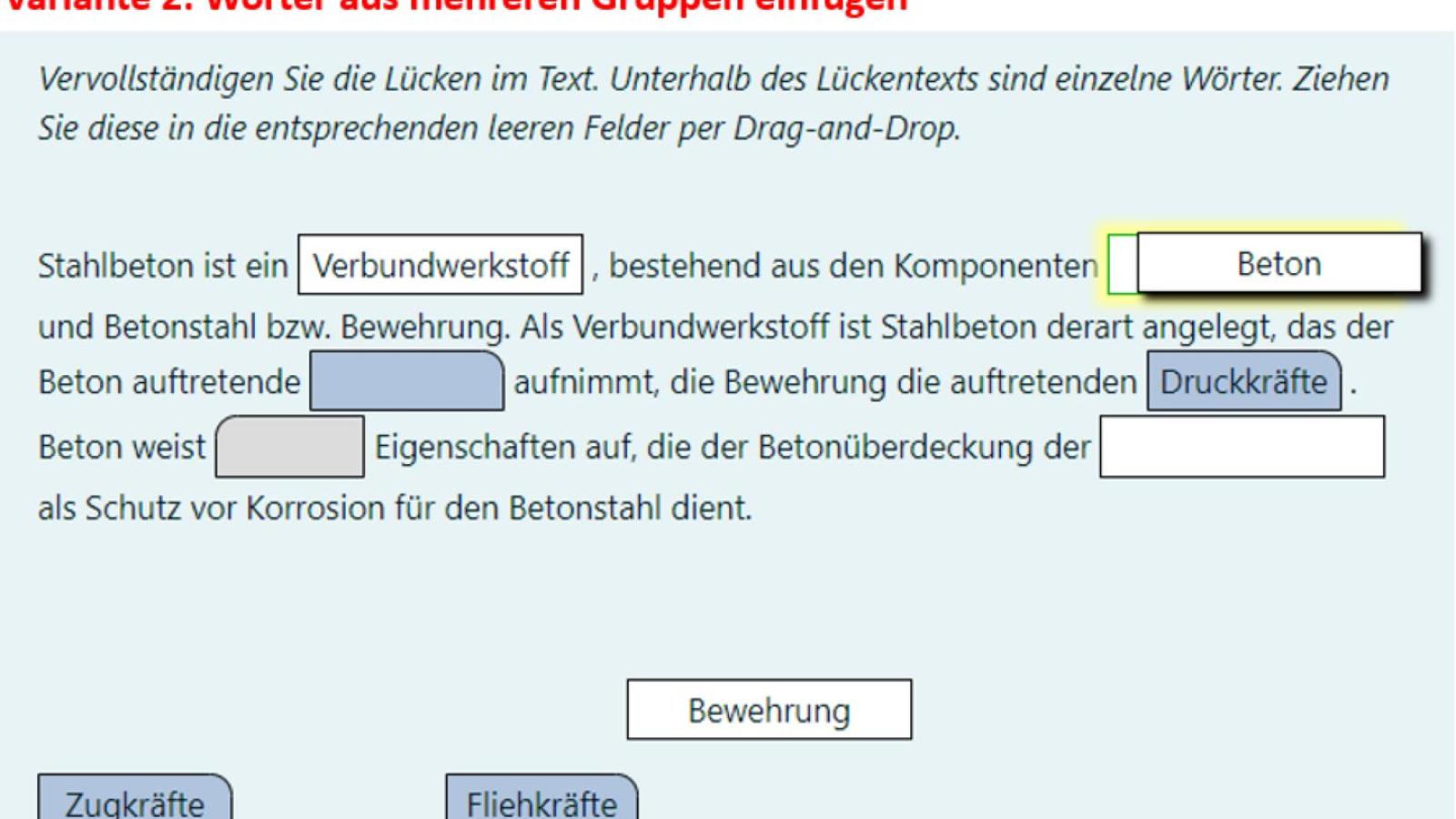 Screenshot des Beispiels für den Fragetyp Drag-and-Drop auf Text in Moodle. Zu sehen sind zwei Sätze mit sechs verschiedenfarbige und -förmige Lücken darin. Einige Lücken sind mit Wortkarten befüllt.