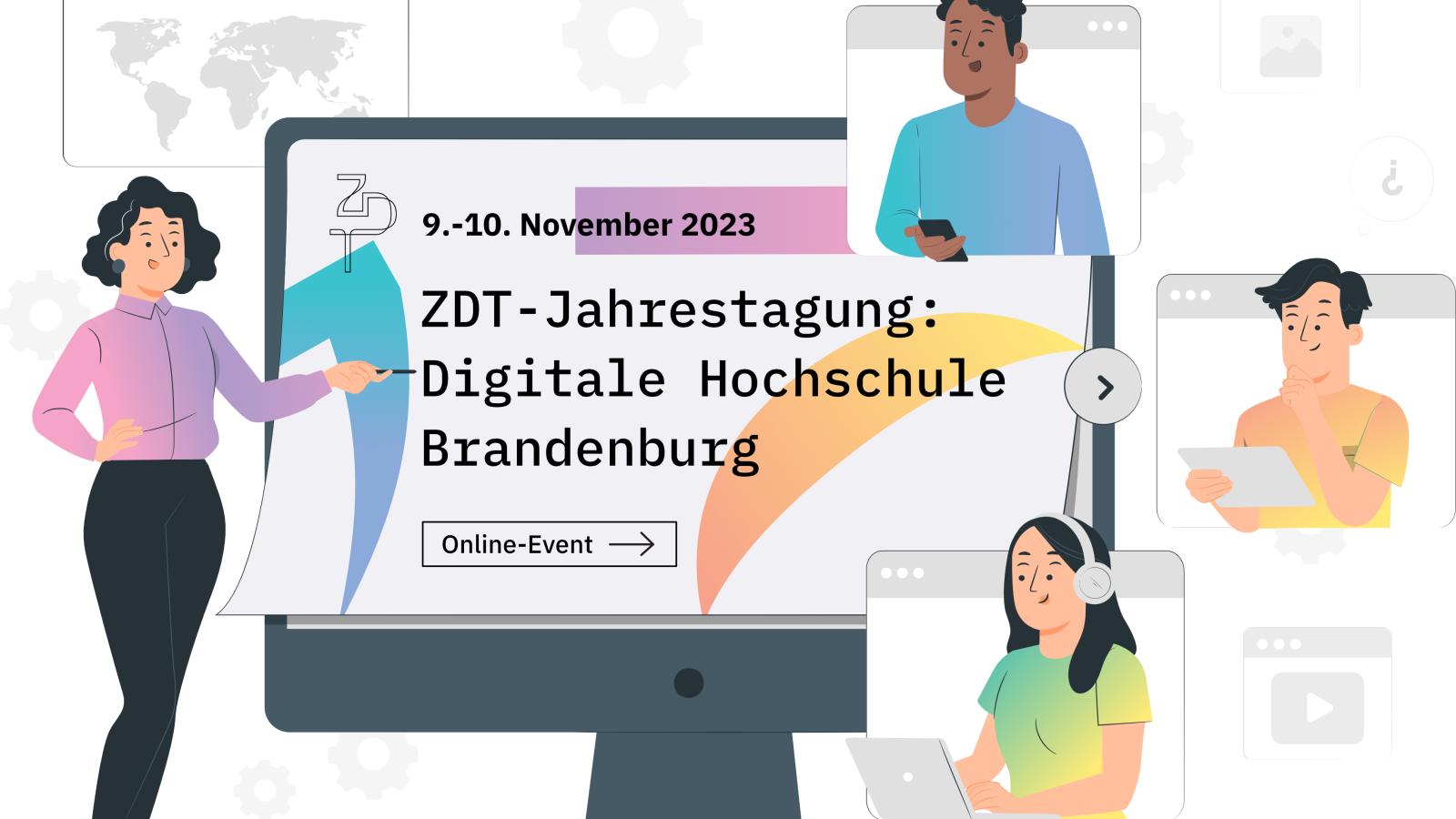 Illustration eines Bildschirms mit der Aufschrift "ZDT-Jahrestagung: Digitale Hochschule Brandenburg"