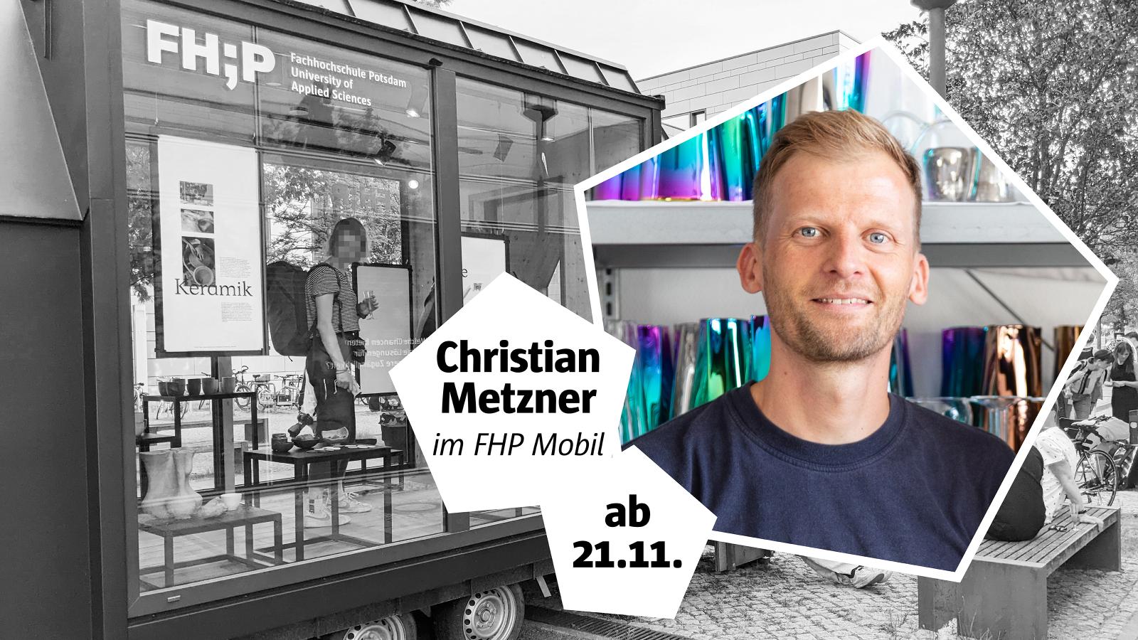 Collage aus dem FHP Mobil in Schwarzweiß und Gründer Christian Metzner als farbiges Porträtfoto