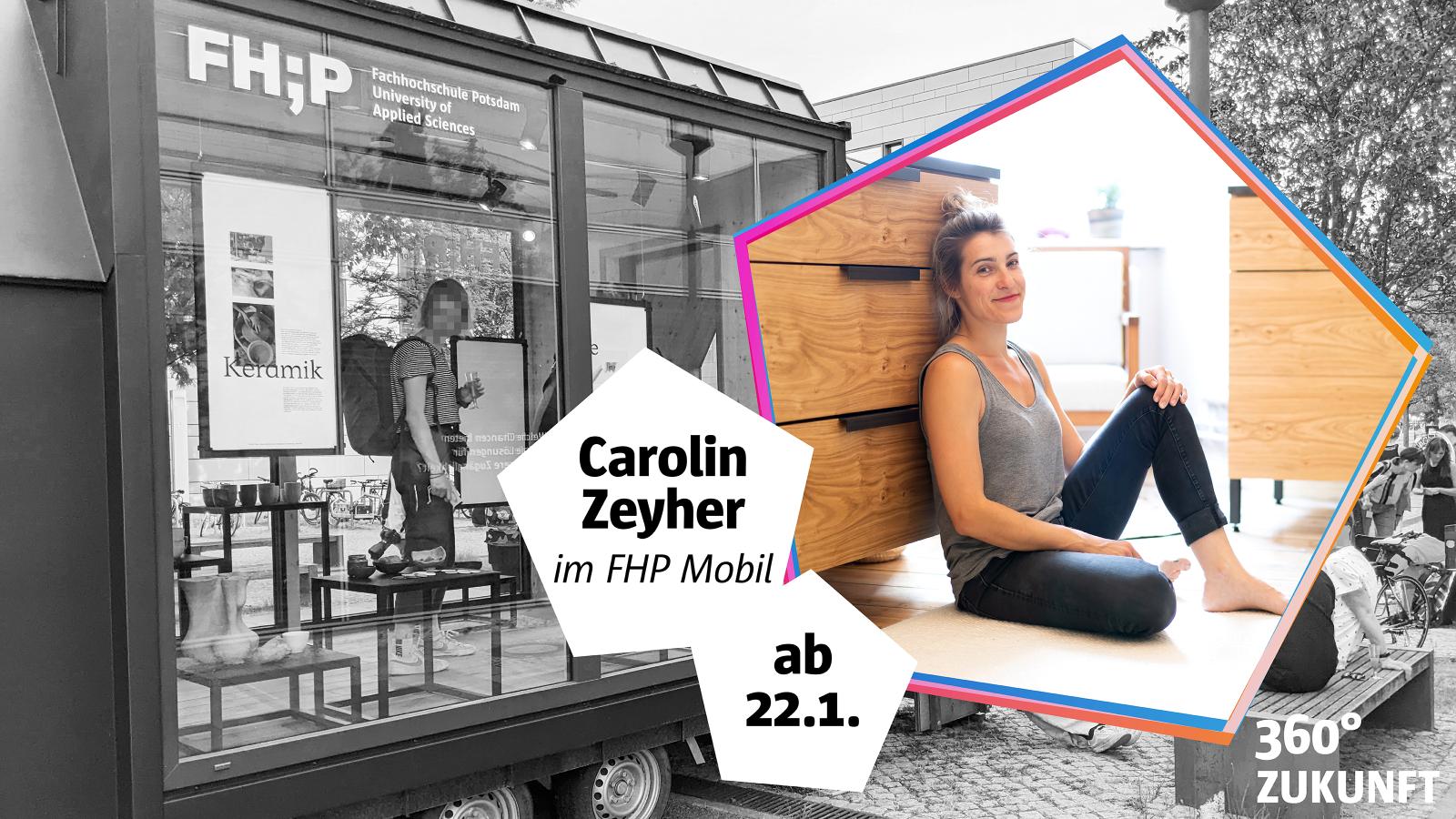 Collage aus dem FHP Mobil in Schwarzweiß und Gründerin Carolin Zeyher als farbiges Porträtfoto