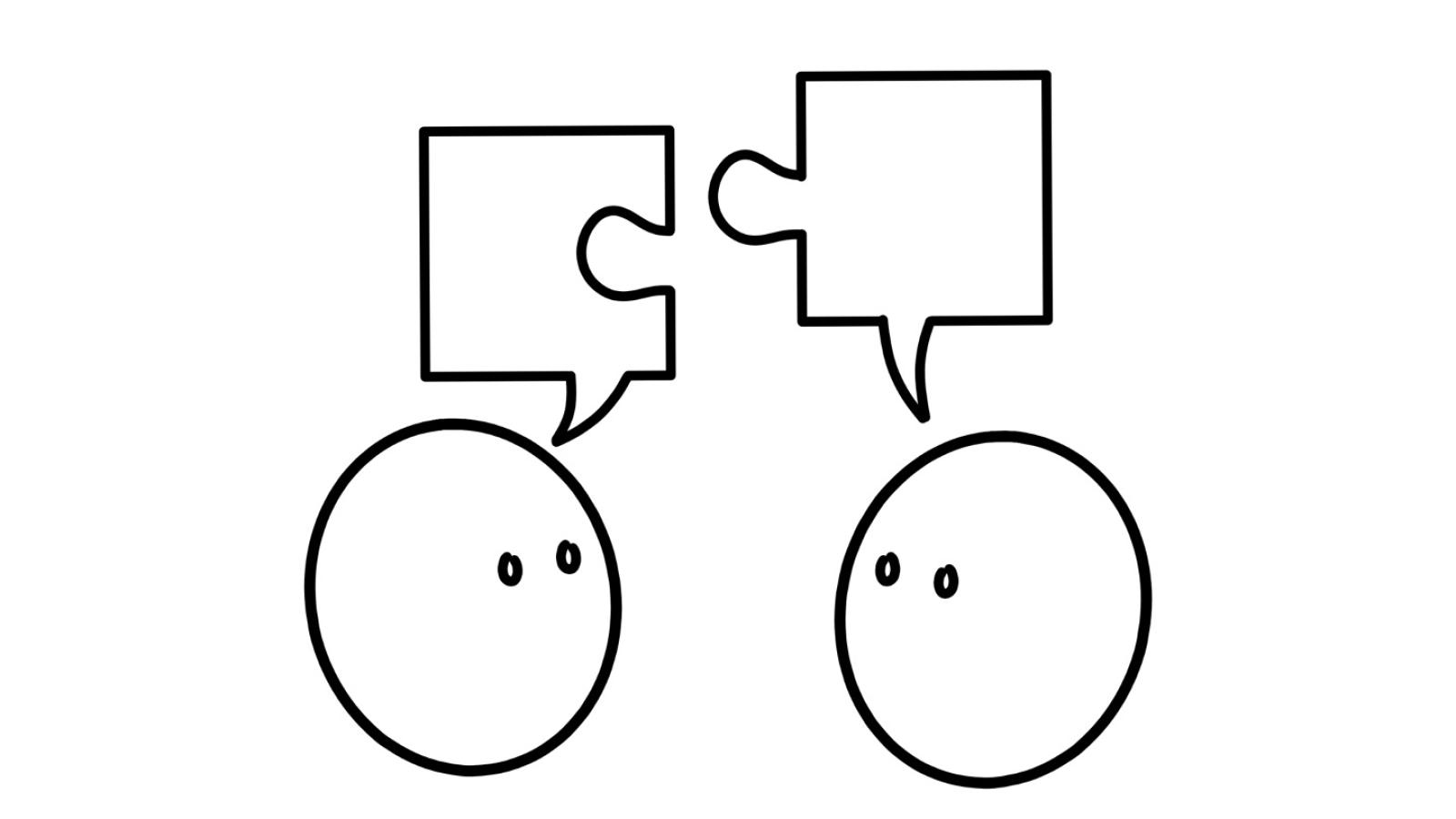 Illustration zeigt zwei symbolhafte Köpfe mit Augen, die sich anschauen und je eine Sprechblase über dem Kopf haben. Diese Sprechblasen sind geformt wie Puzzleteile, die sich passend zusammensetzen lassen.