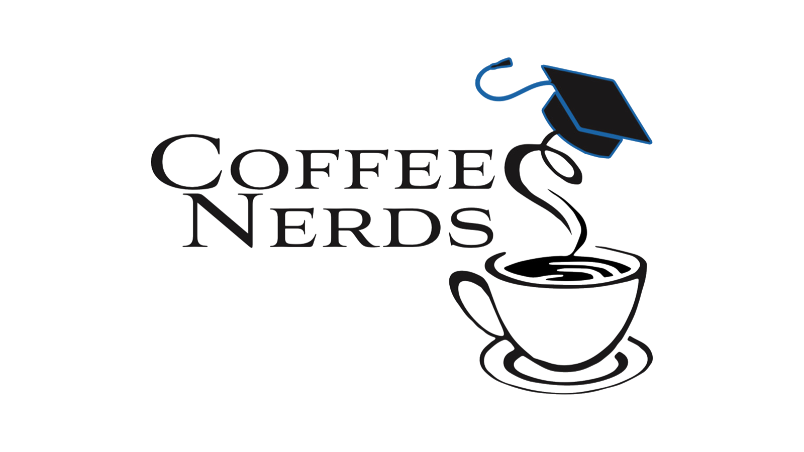 Schriftzug "Coffee Nerds" neben einer Kaffeetasse mit stilistischem Dampf und einem Doktorhut