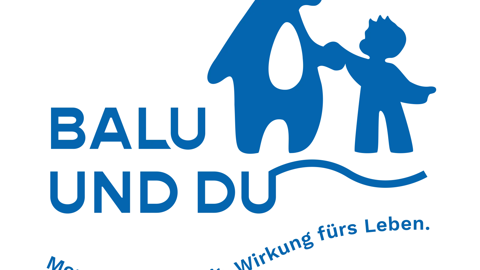 Logo des Projekts 'Balu und Du' mit stilisierter blauer Bärenfigur, die die Hand eines Kindes hält, dazu der Schriftzug 'Balu und Du' und der Slogan 'Mentoring auf Zeit. Wirkung fürs Leben.'