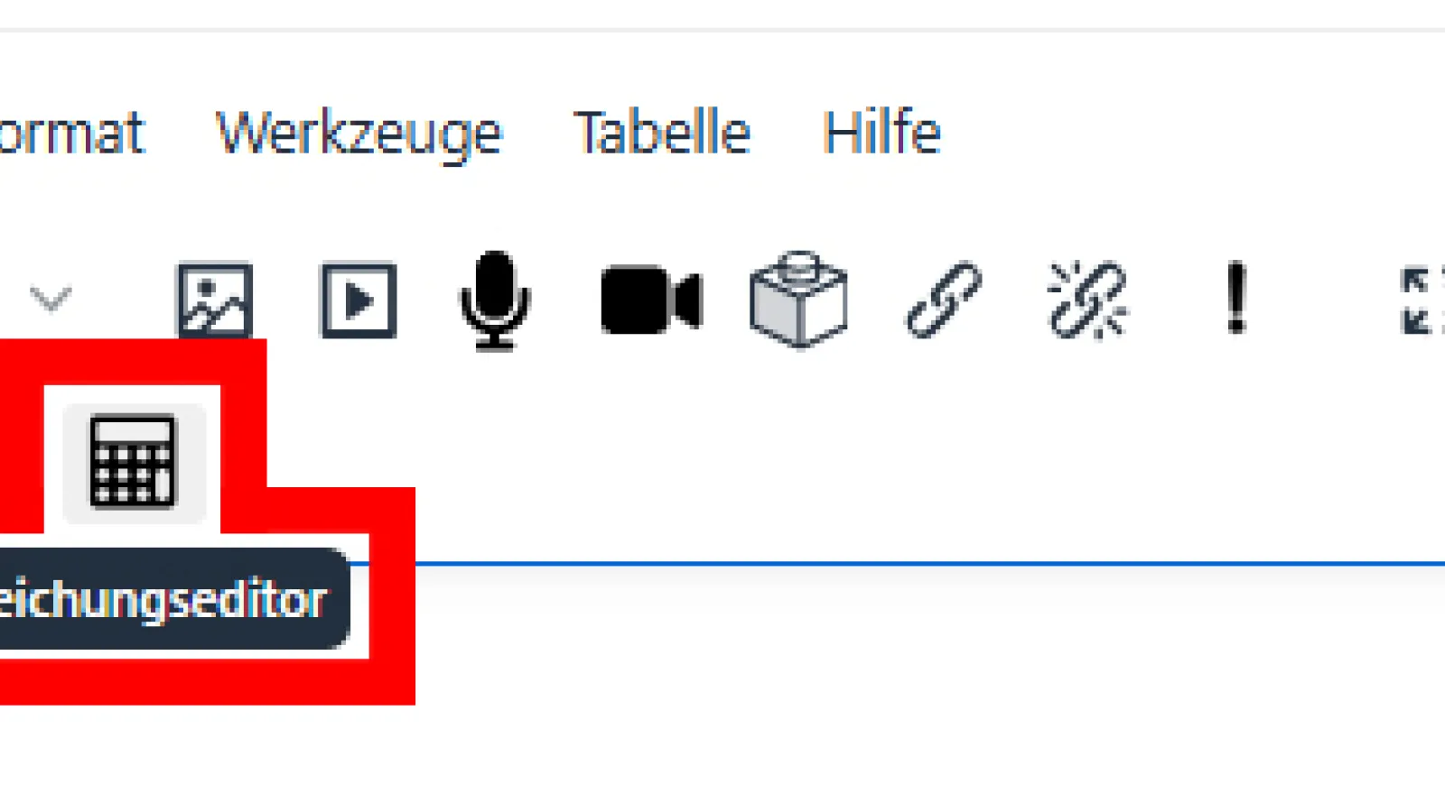 Benutzeroberfläche des TinyMCE Editors in Moodle. Hervorgehoben ist der Gleichungseditor