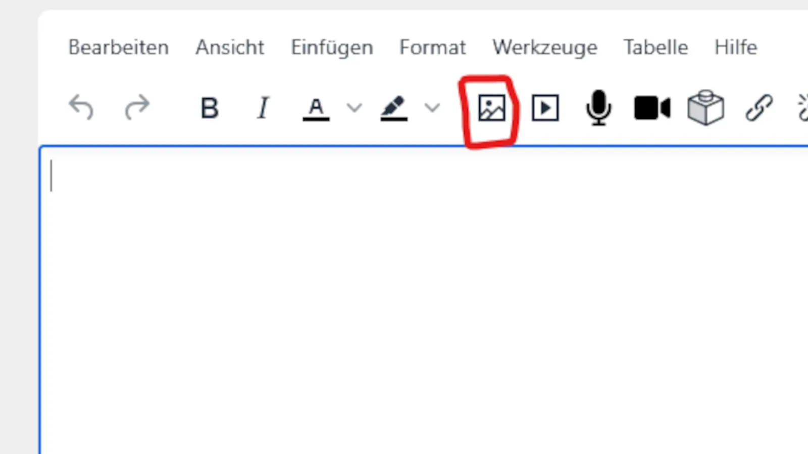 Screenshot des Antworteditors in dem das "Bild" Einfügen Schaltfeld markiert ist.