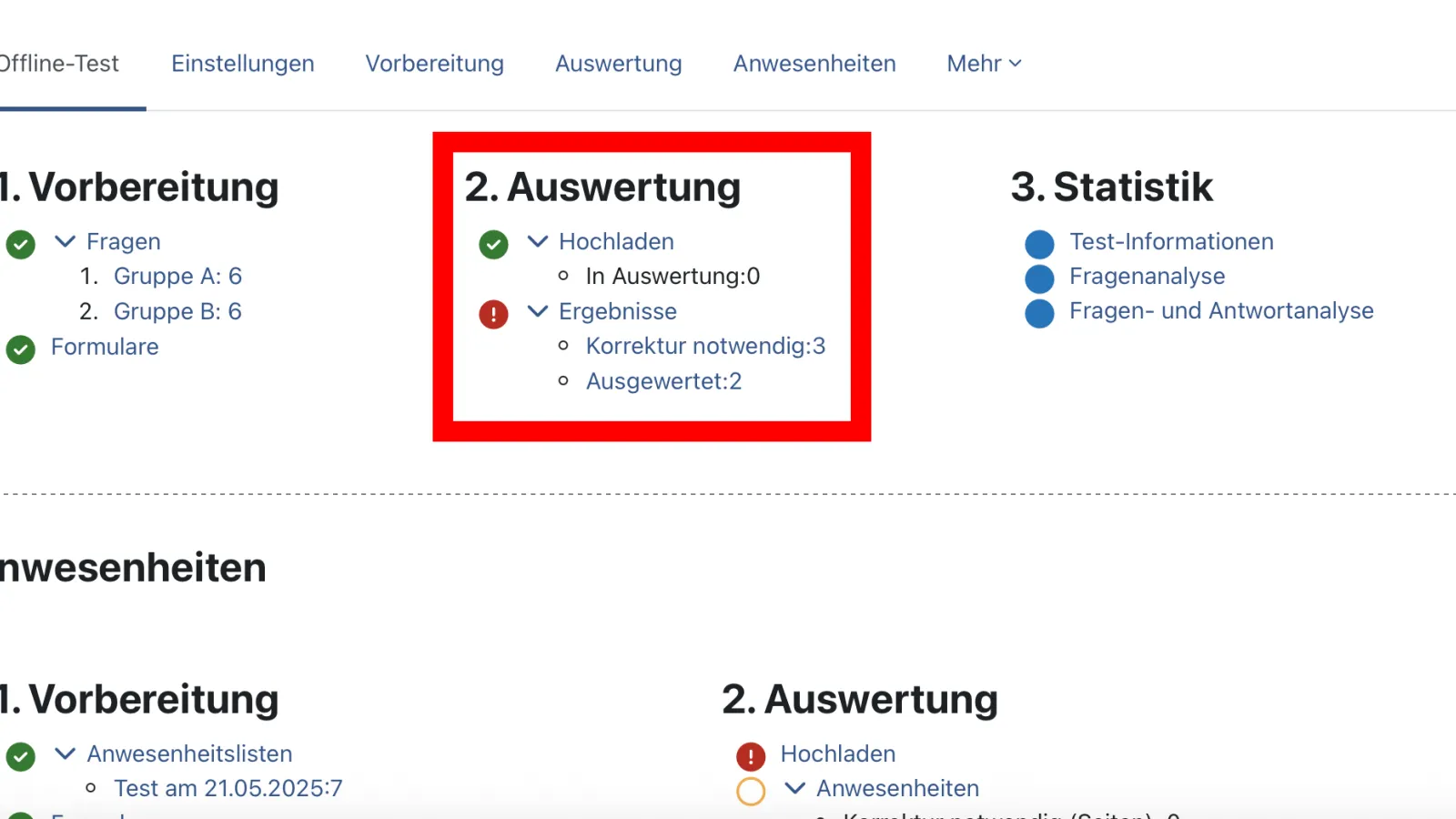 Moodle Offline-Test Benutzeroberfläche, das Feld "2. Auswertung" ist Rot hervorgehoben