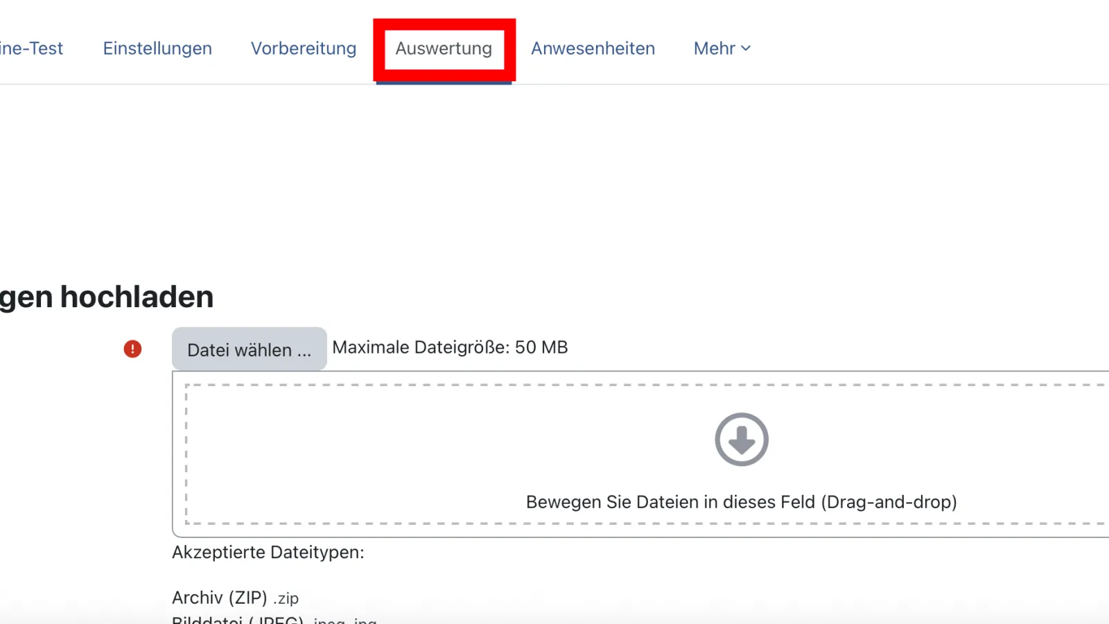 Moodle Offline-Test Benutzeroberfläche, die Felder "Auswertung" und "Auswählen ..." sind Rot hervorgehoben