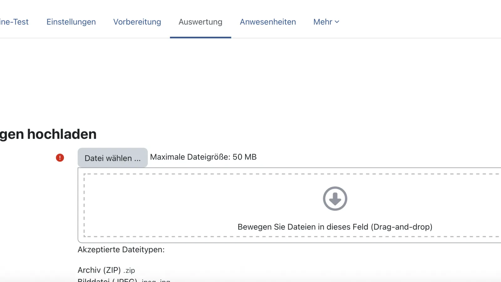 Moodle Offline-Test Benutzeroberfläche, das Feld "Korrektur" ist Rot hervorgehoben