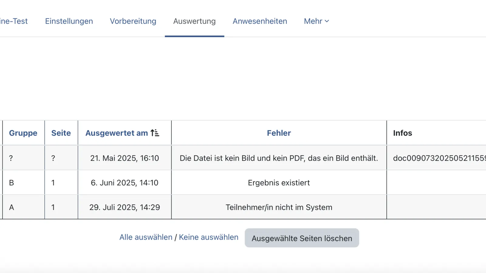 Moodle Offline-Test Benutzeroberfläche, das Feld "Korrigieren" ist Rot hervorgehoben