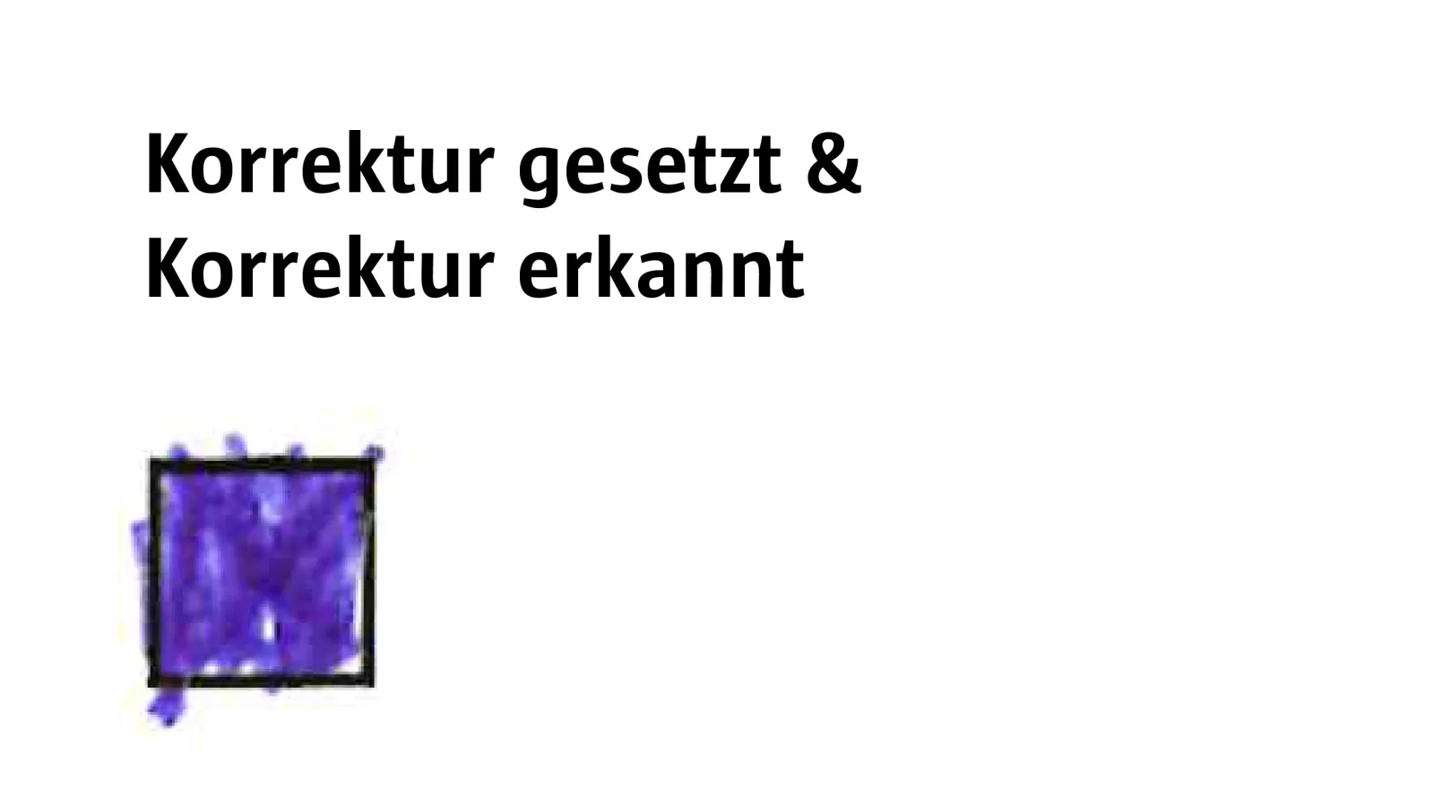 Grafik mit dem Titel - Korrektur gesetzt und Korrektur erkannt. Sie zeigt ein Kästchen, welches vollständig ausgefüllt wurde. Die Darstellung zeigt, welche Eingabe von Moodle als Korrektur erkannt wurde.