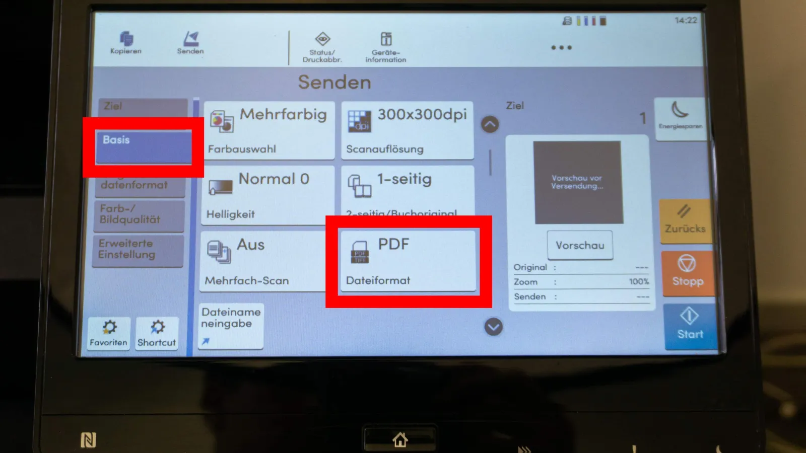 Bedienfeld eines Multifunktionsdruckers im Basismenü, der Bereich „Dateiformat“ ist rot markiert.