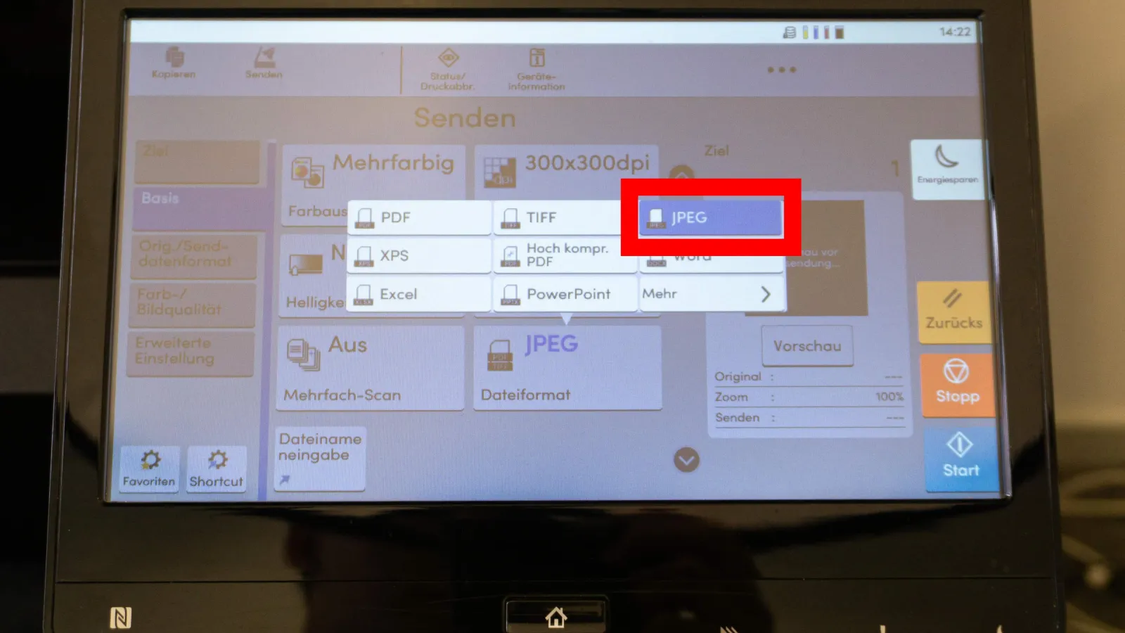 Bedienfeld eines Multifunktionsdruckers im Basismenü, der Bereich „JPEG“ ist rot markiert.