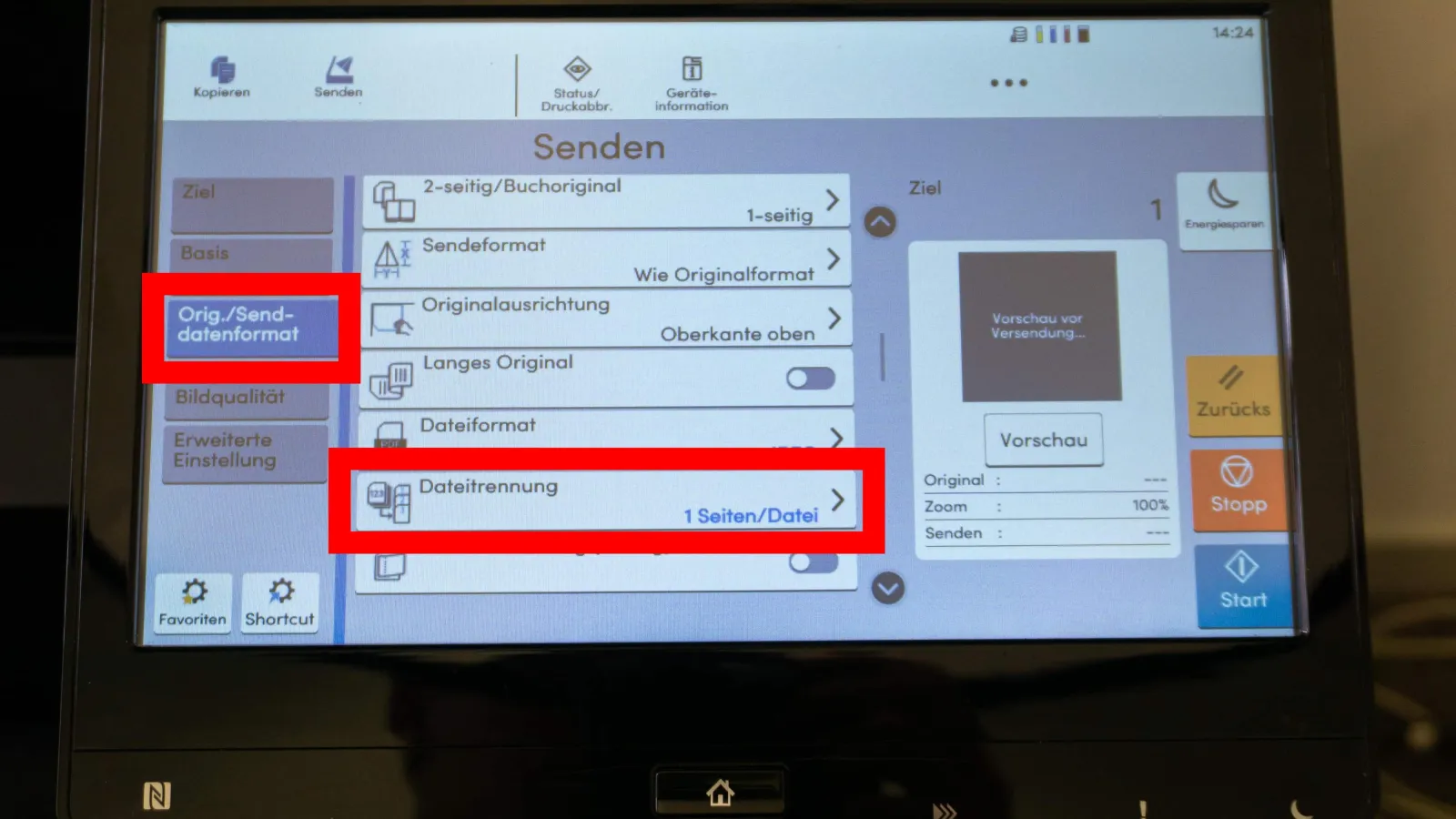Bedienfeld eines Multifunktionsdruckers im Senddatenformat-Menü, der Bereich „Dateitrennung“ ist rot markiert.