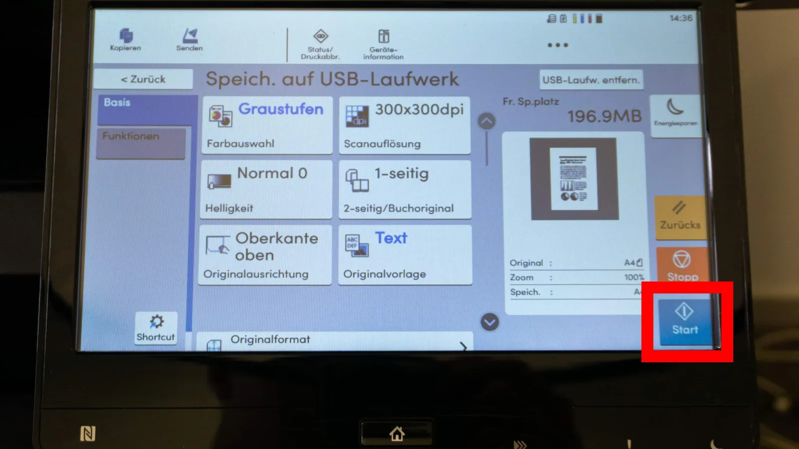 Bedienfeld eines Multifunktionsdruckers im Basismenü, der Bereich „Start“ ist rot markiert.