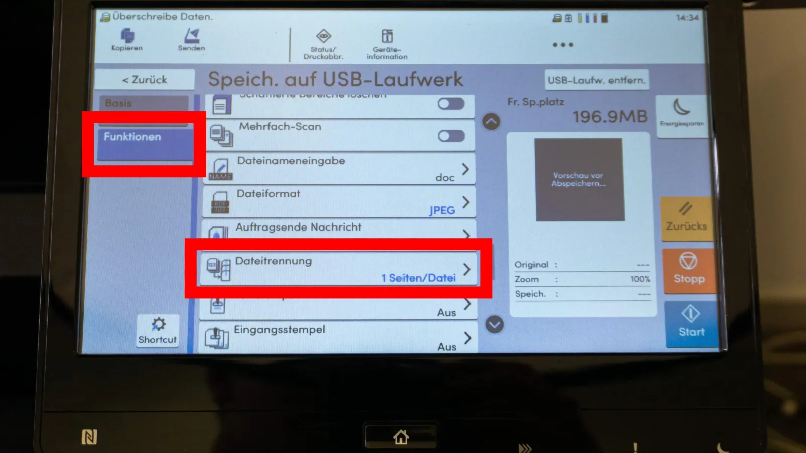 Bedienfeld eines Multifunktionsdruckers im Funktionen-Menü, der Bereich „Dateitrennung“ ist rot markiert.