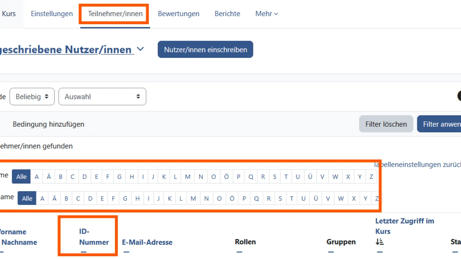 Screenshot der Teilnehmer*innen-Liste in einem Moodle-Kurs