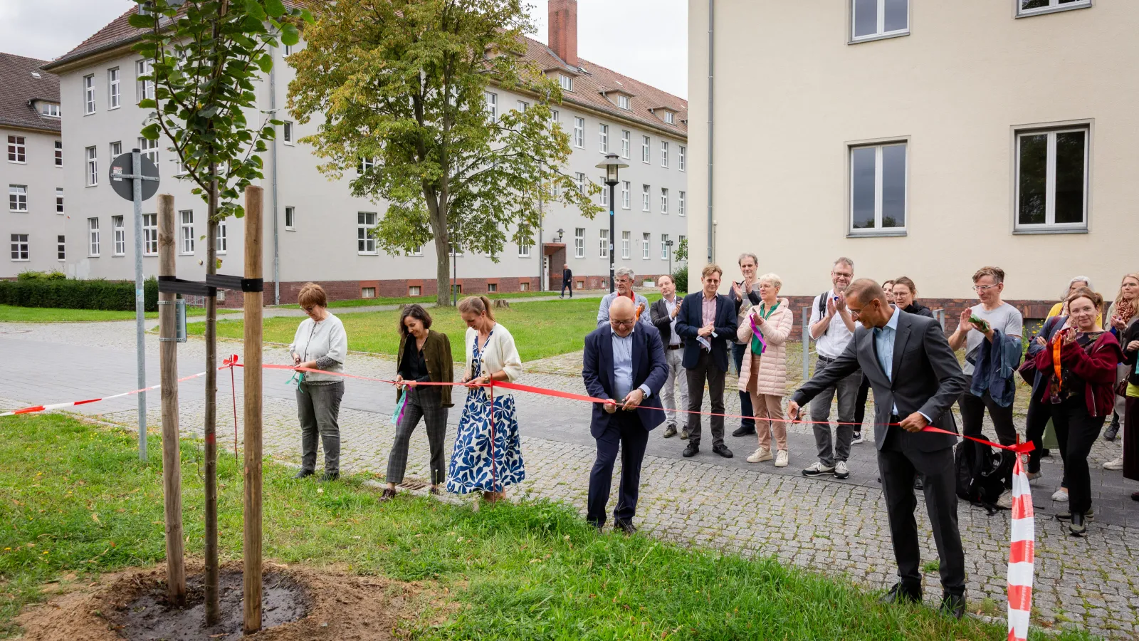 Das Team der ZEW schneidet ein rotes Band vor einem Baum durch