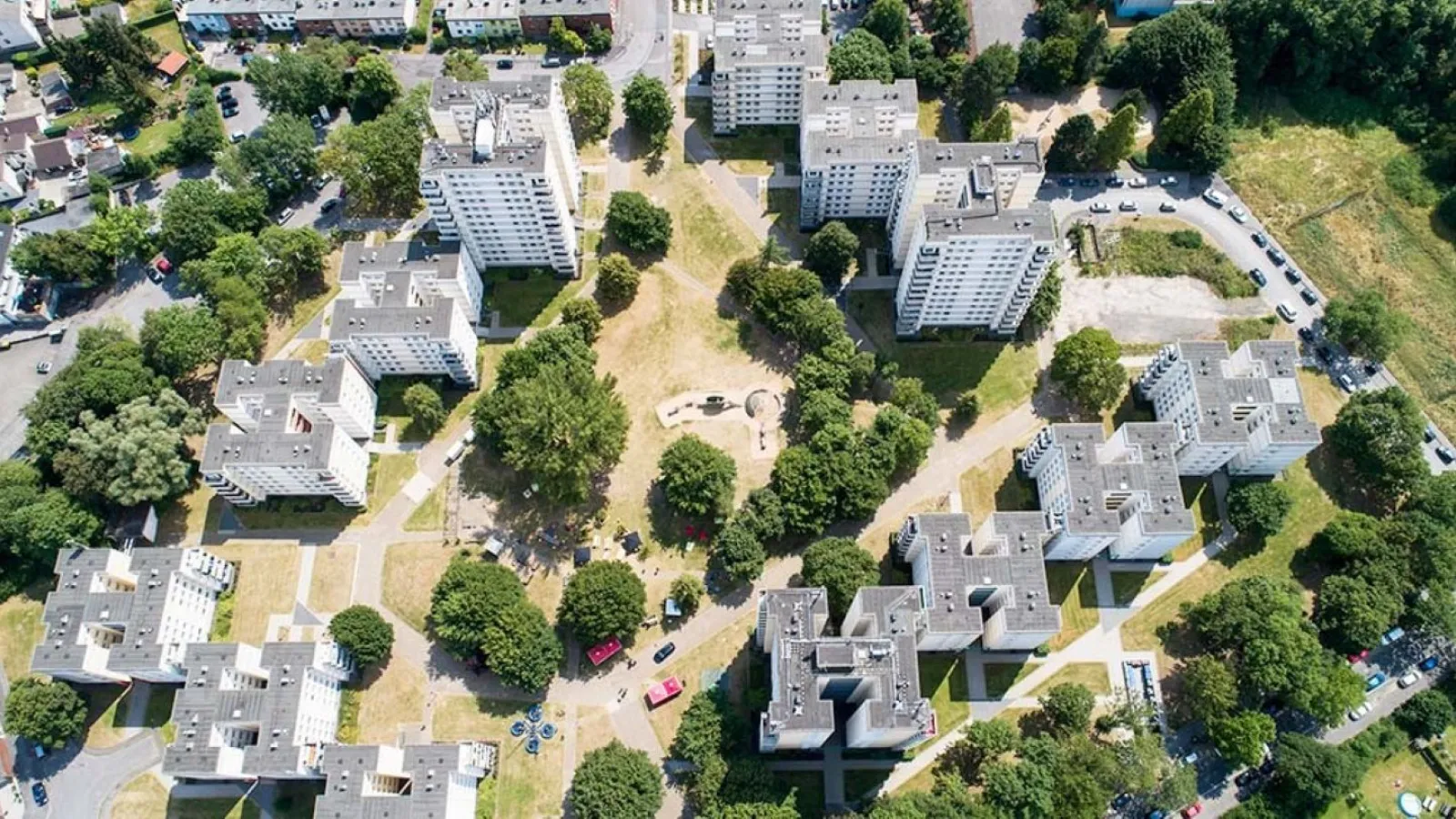 Bild aus Vogelperspektive der Woldenmeyersiedlung im Dortmunder Stadtteil Derne