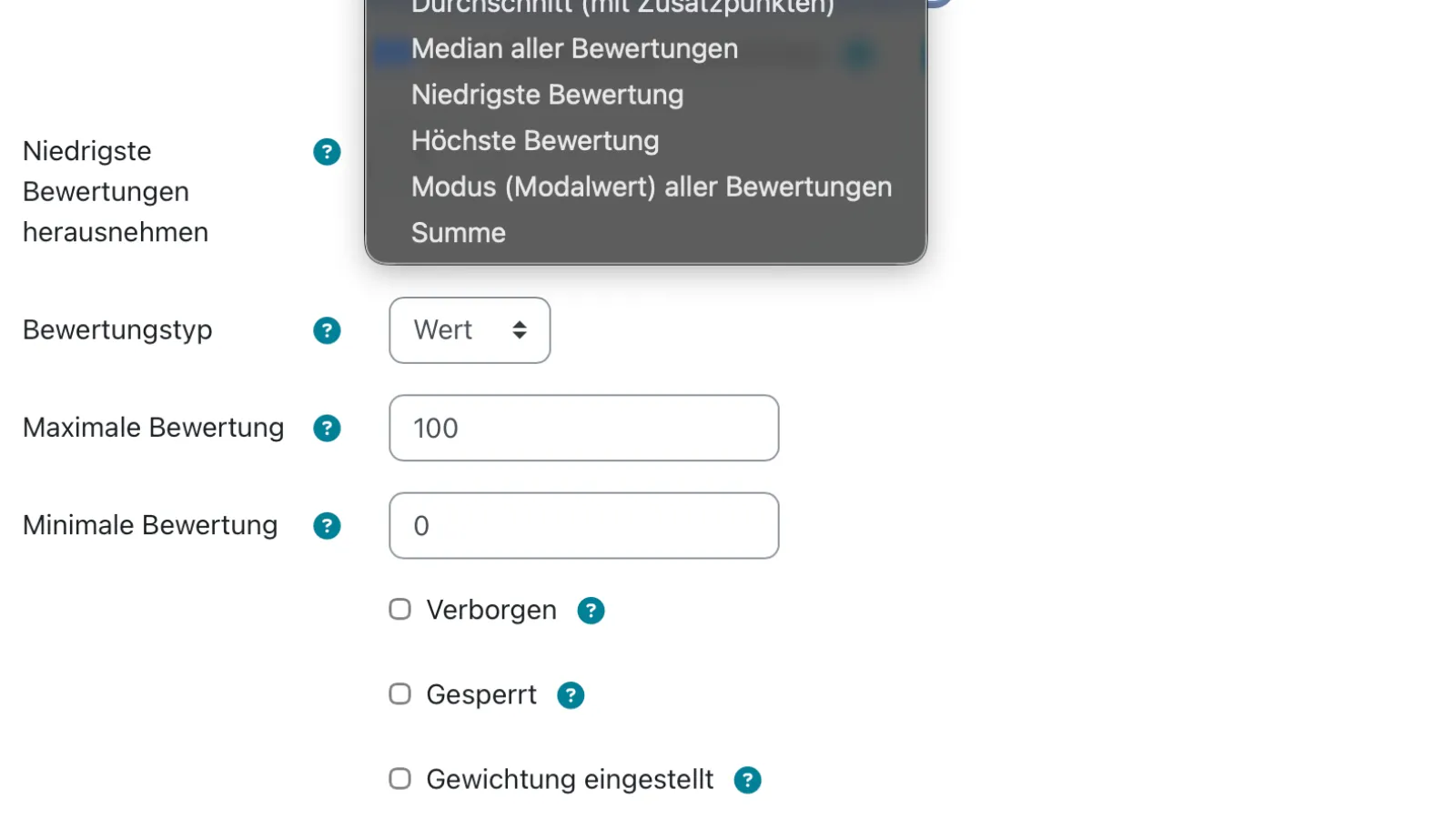 Moodle "Neue Kategorie" Benutzeroberfläche, das Drop-down-Menü "Gesamtergebnis" ist ausgeklappt