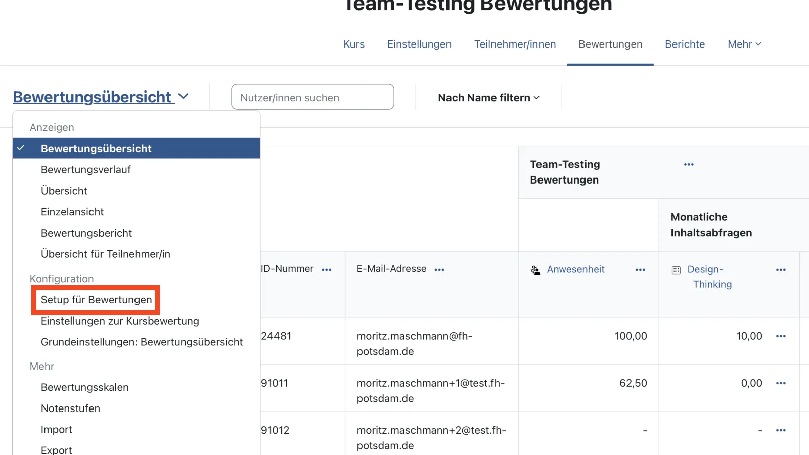 Moodle "Bewertungsübersicht" Benutzeroberfläche, das Feld "Setup für Bewertungen", aus dem Drop-down-Menü "Bewertungsübersicht", ist Rot hervorgehoben