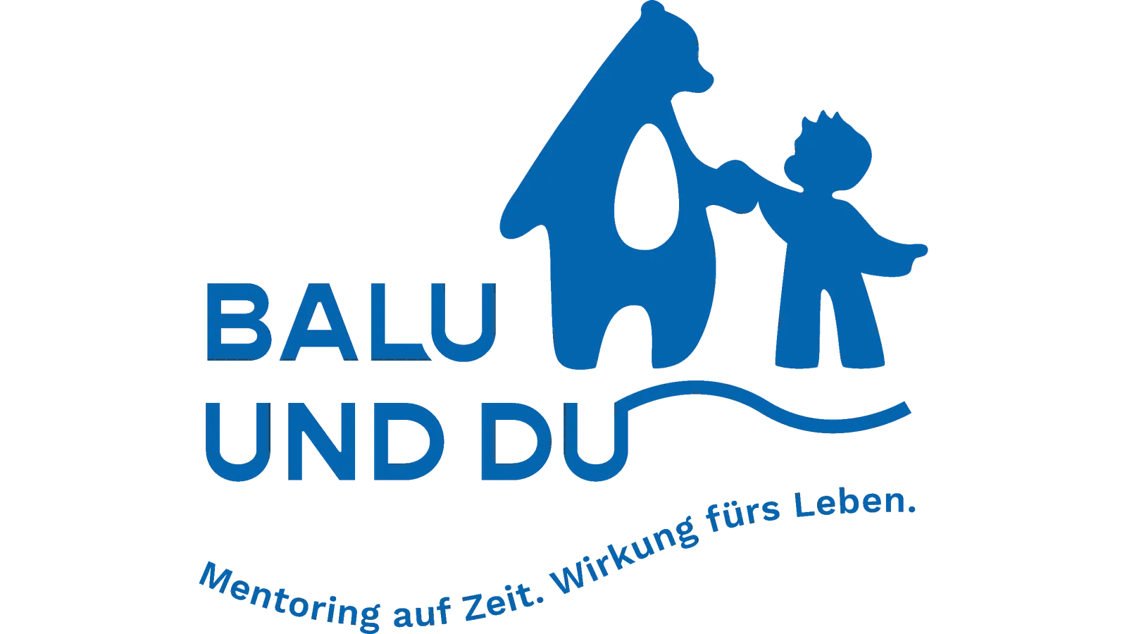 Logo des Projekts 'Balu und Du' mit stilisierter blauer Bärenfigur, die die Hand eines Kindes hält, dazu der Schriftzug 'Balu und Du' und der Slogan 'Mentoring auf Zeit. Wirkung fürs Leben.'
