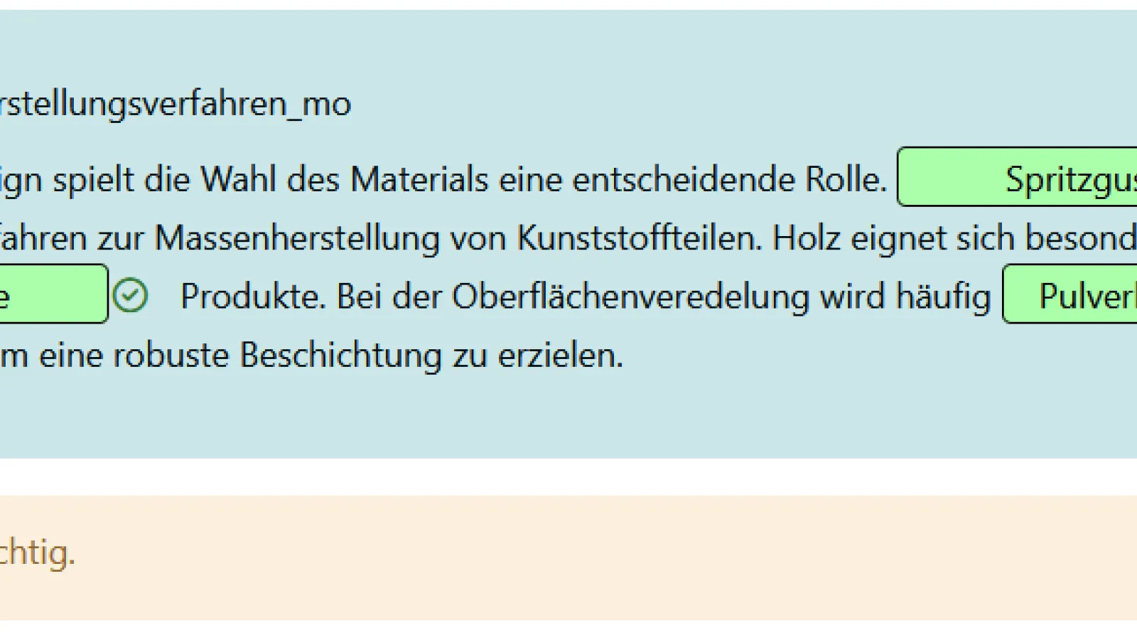 Screenshot einer Aufgabe zu Herstellungsverfahrenim Produktdesign