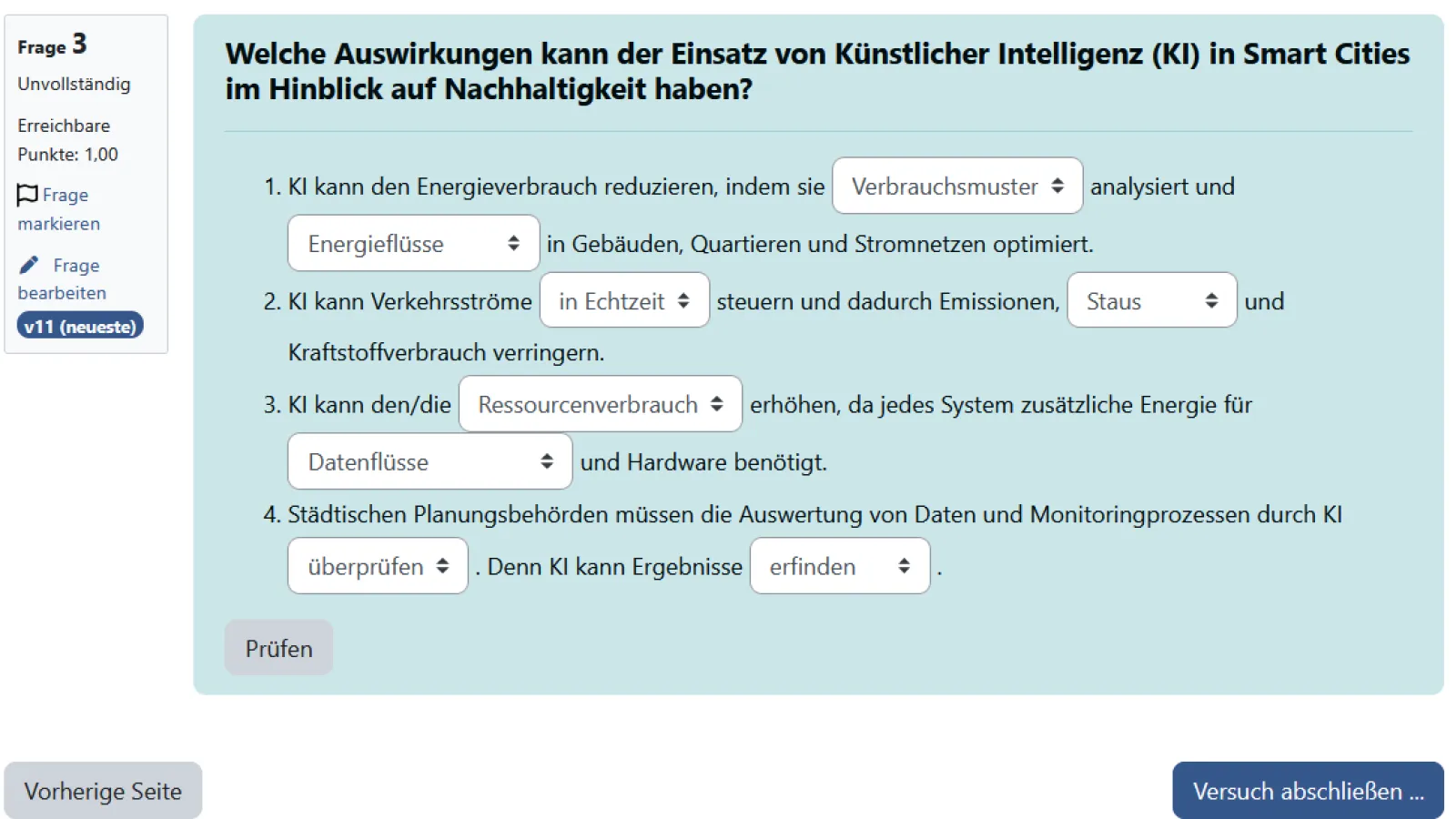 Beispielaufgabe Screenshot der Aktivität Test mit Fragetyp Lückentextauswhl zu Auswirkungen von KI