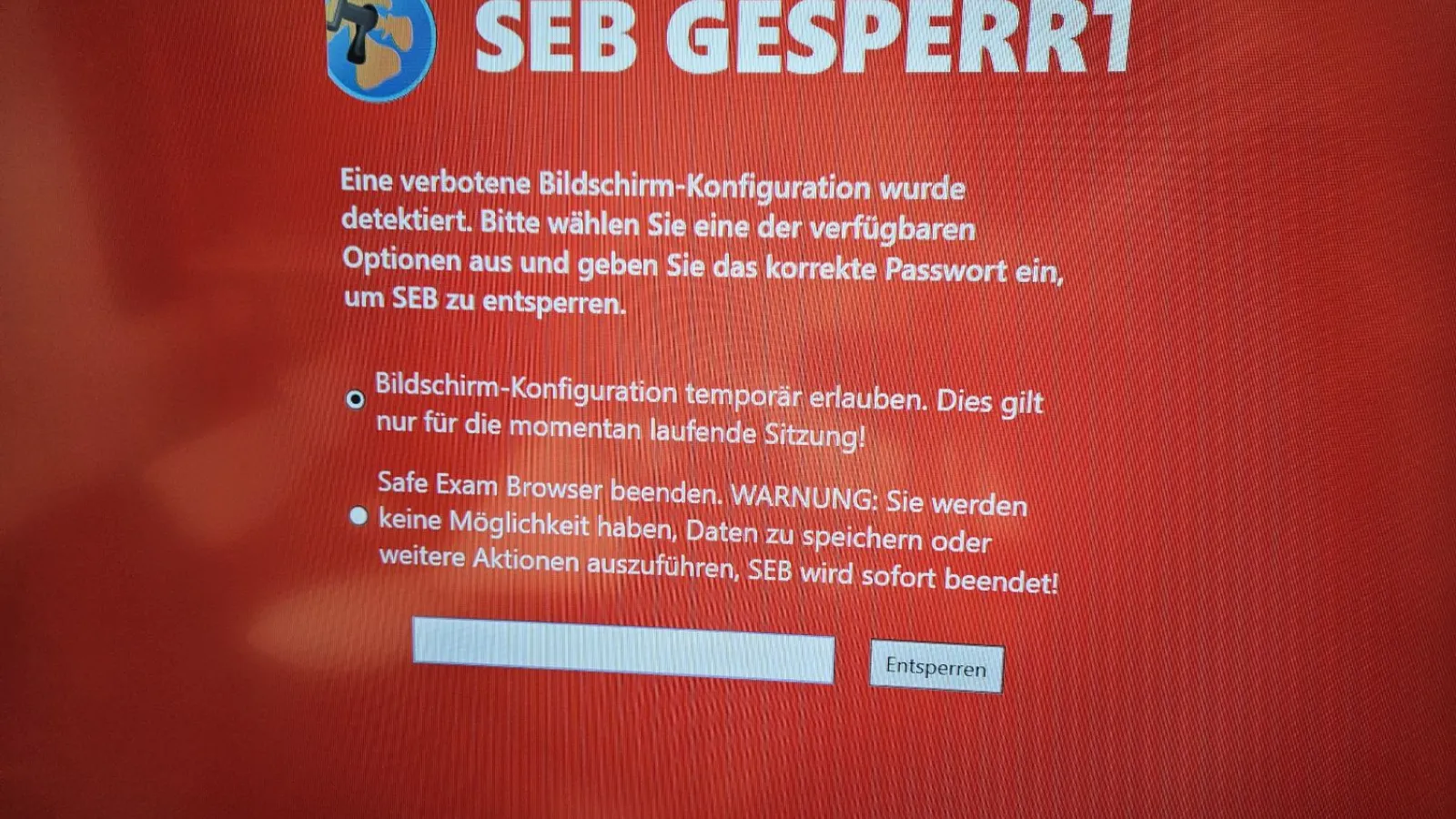 Screenshot des Sperrbildschirms des SEB-Browsers