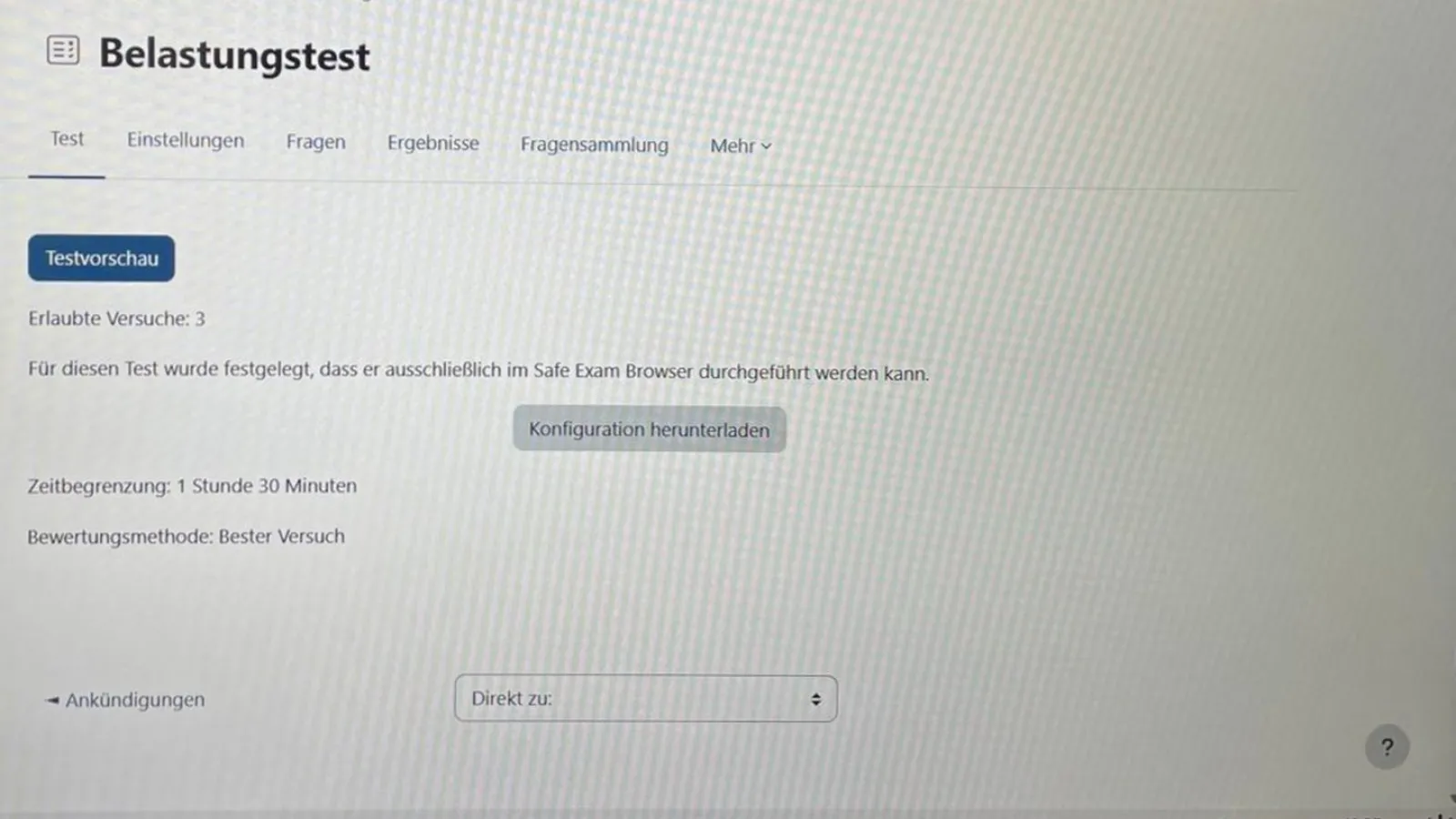 Screeshot Moodle/SEB Startseite für Kursverantwortliche