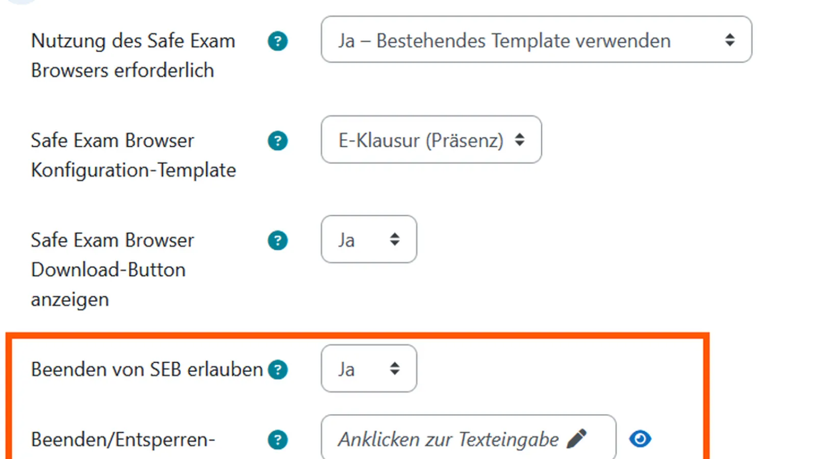 Screenshot SEB Einstellung Passwort für Beenden/ Entsperren