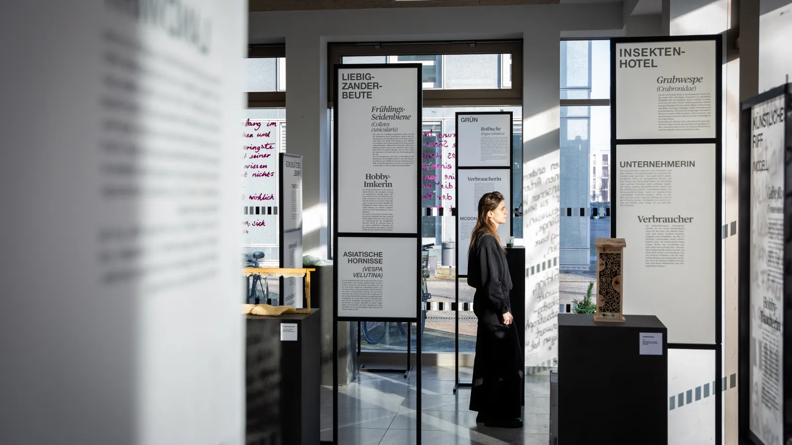 Besucherin der Veranstaltung Klimadinge vor Medienwand an der Fachhochschule Potsdam
